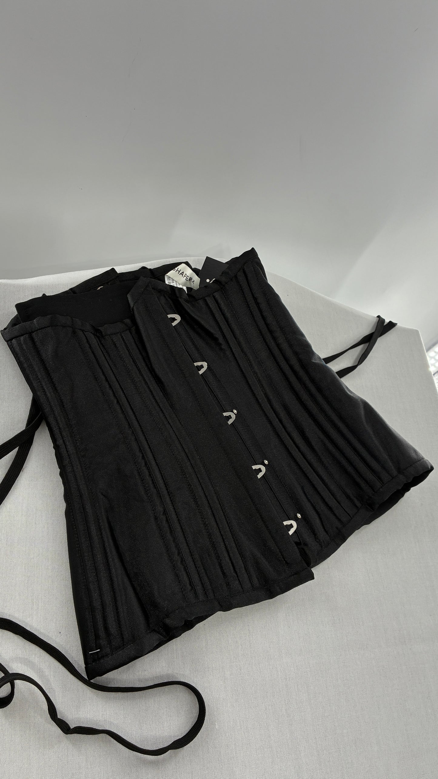 Vintage SHAPERX Black Satin Heavy Duty Ribbed Corset (XS)