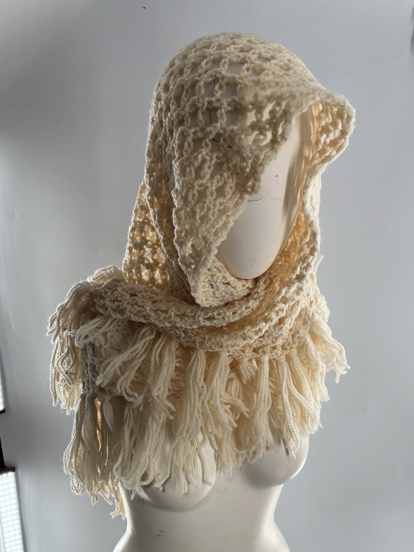 Vintage Off White Fish Net Scarf with Tasseled Ends