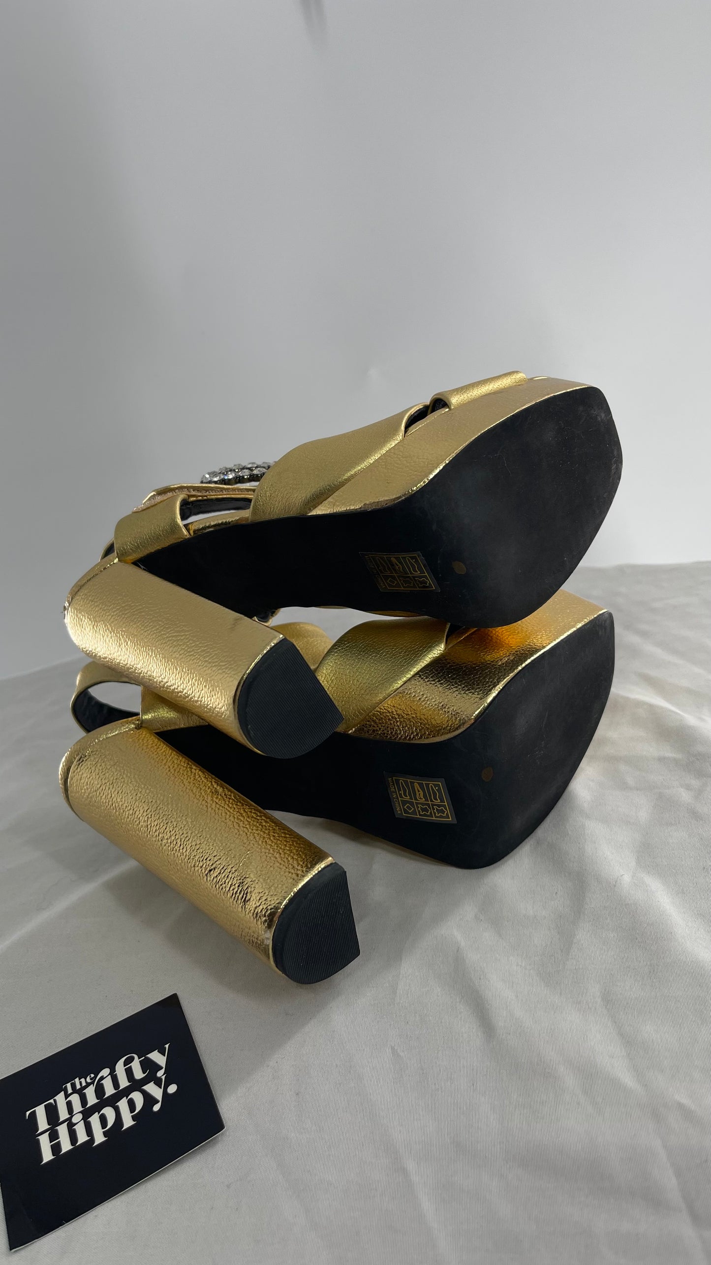 Jeffrey Campbell Metallic Gold Chunky Gold Platform Heel with Rhinestone Heart Buckles (6.5)