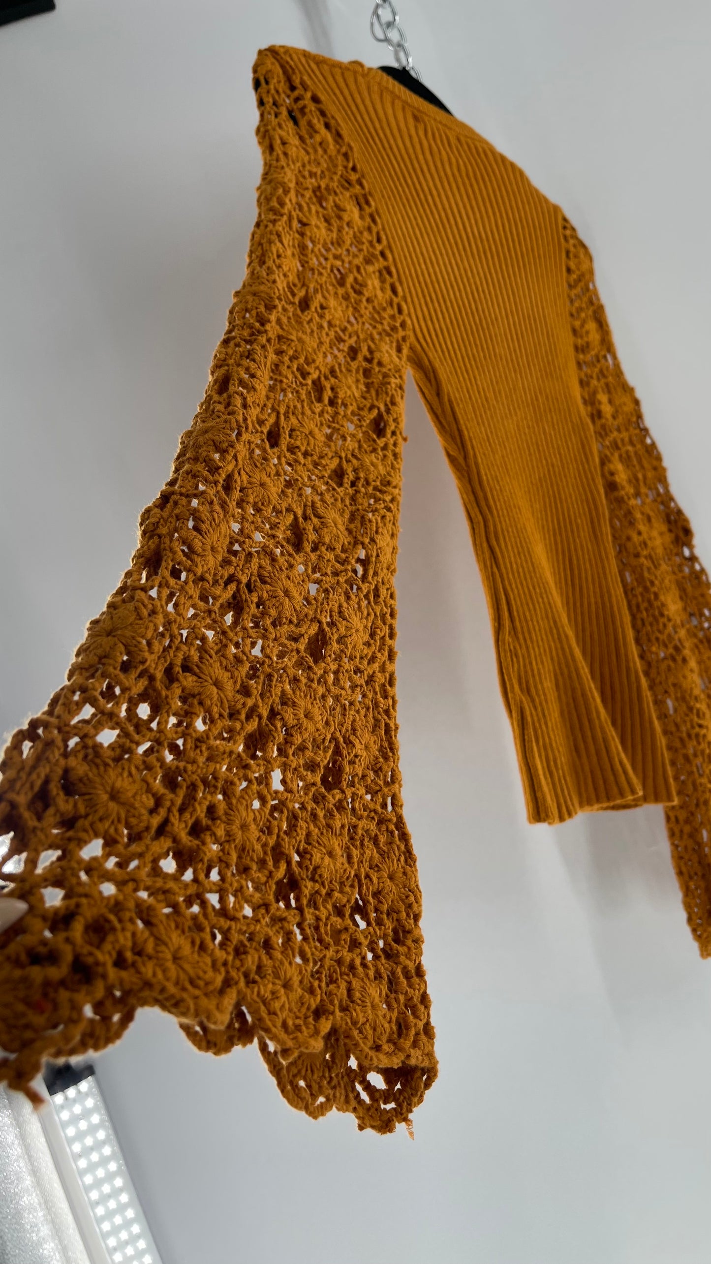 Love Colétte Mustard Sweater with Crochet Bell Sleeve (Large)