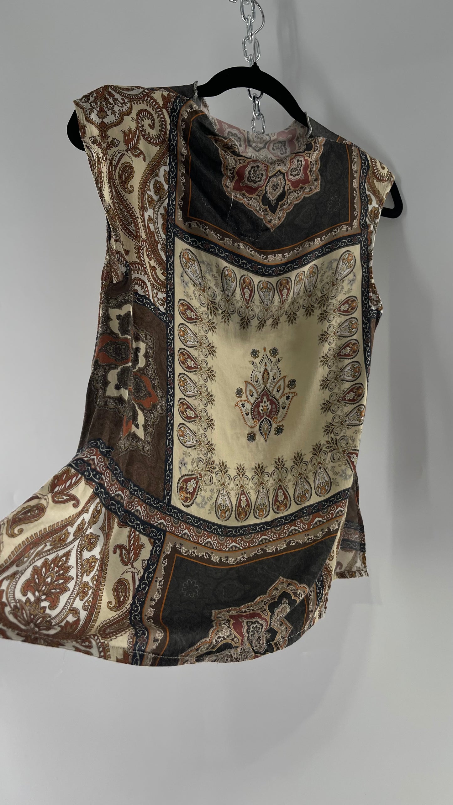 Free People CHASER Neutral Paisley Patterned Sleeveless High Neck Blouse (Small)