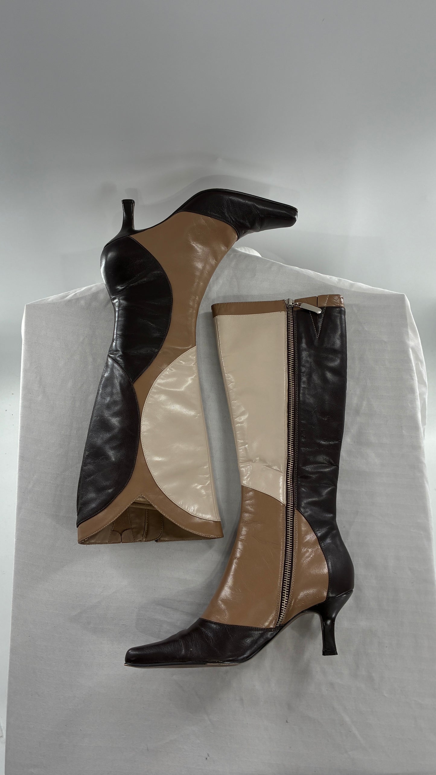 Vintage ANN MARINO Knee High Pointed Toe Abstract Patchwork Boots (6.5)
