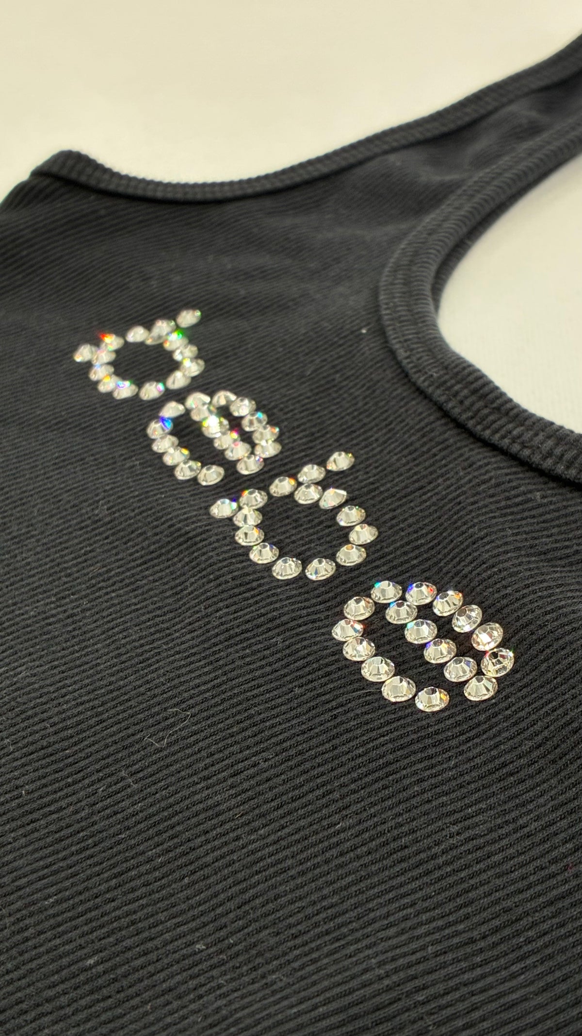 Vintage BEBE Black Ribbed Tank Top with Rhinestone Logo (XS)