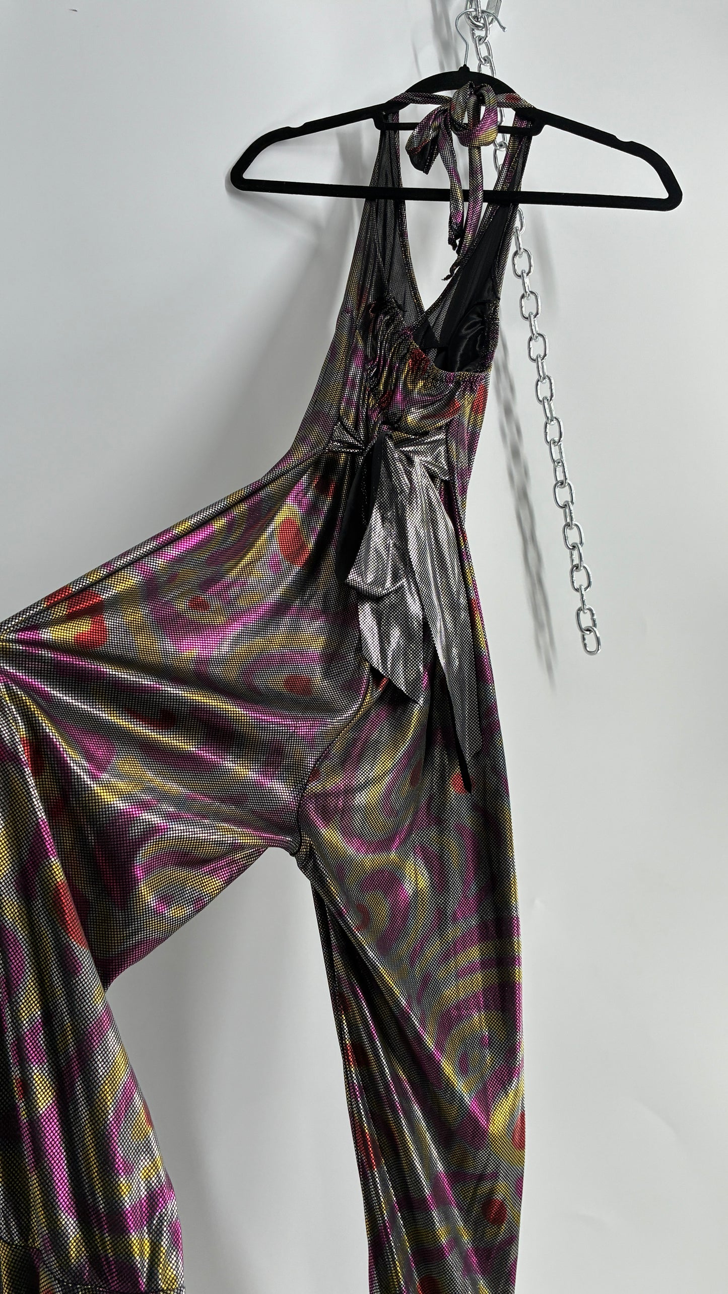 1970s Style Bell Bottom Psychedelic Metallic Jumpsuit with Waist Cinching Back Ties (S/M)