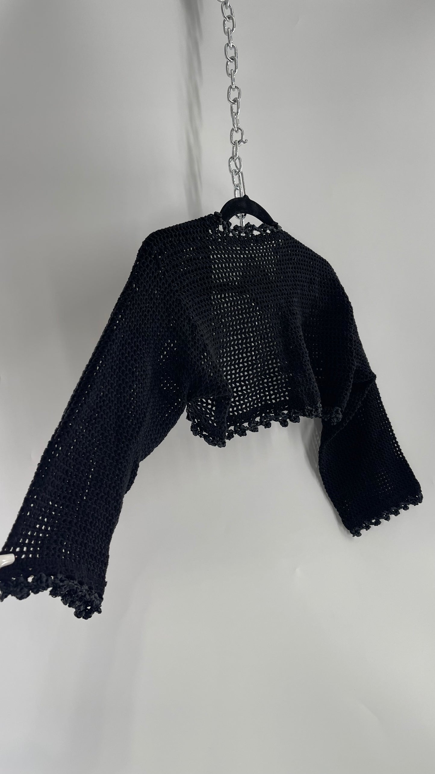 Vintage Black Hand Knit Crochet Shrug with Ribbon Detailing (Medium)