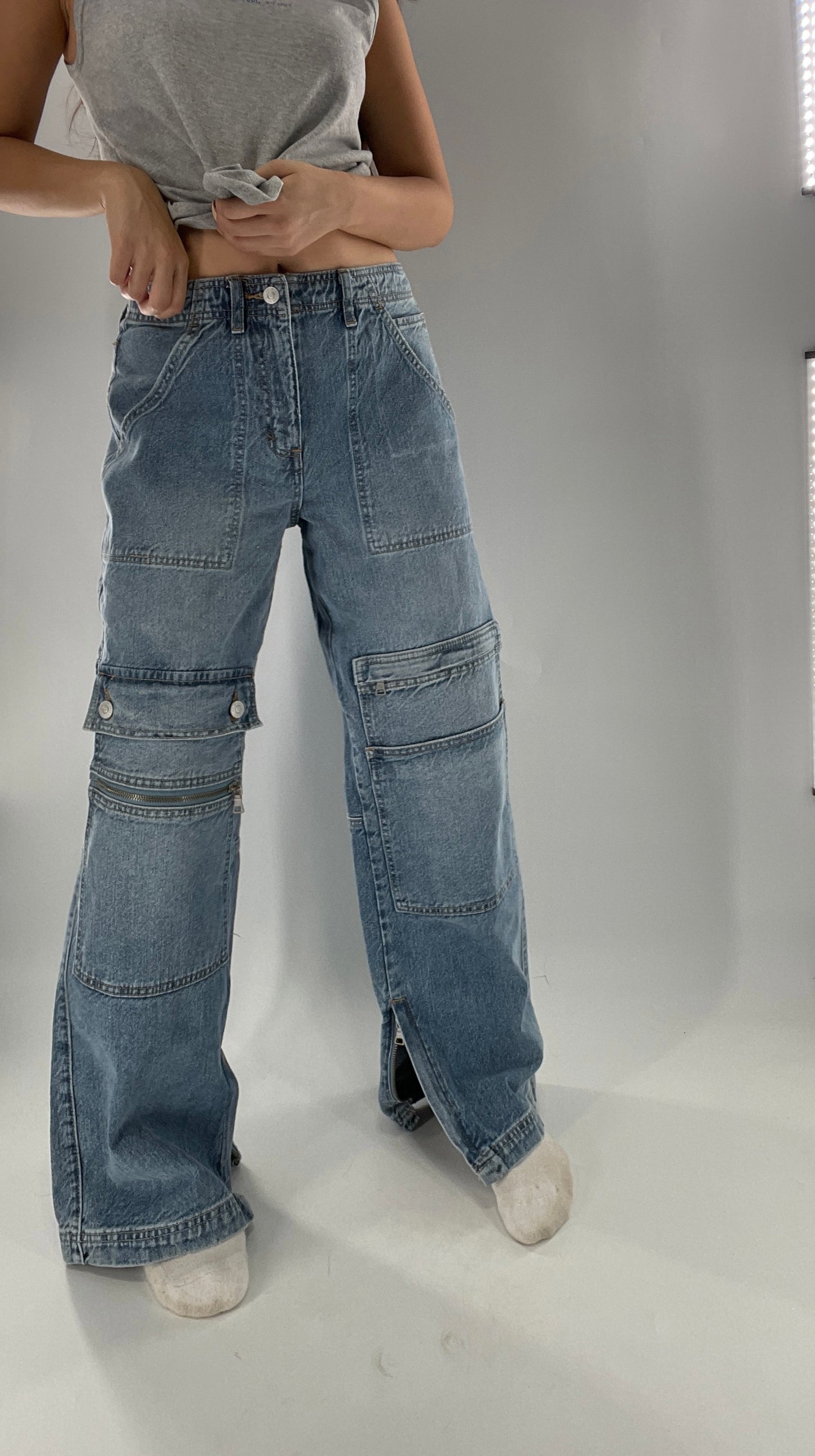 Free People Wide Leg Cargo Jeans Covered in Pockets, Zippers and stitching (27)