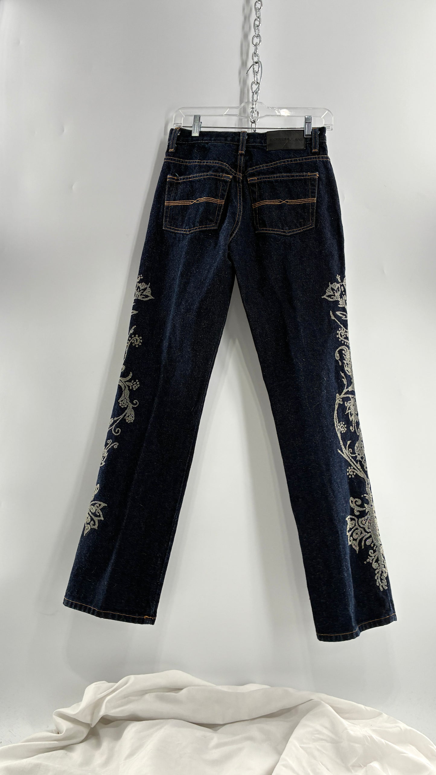 Vintage EXPRESS JEANS Dark Wash with Iridescent, Embellished, Textured Design Running Down Pant Leg (3/4)