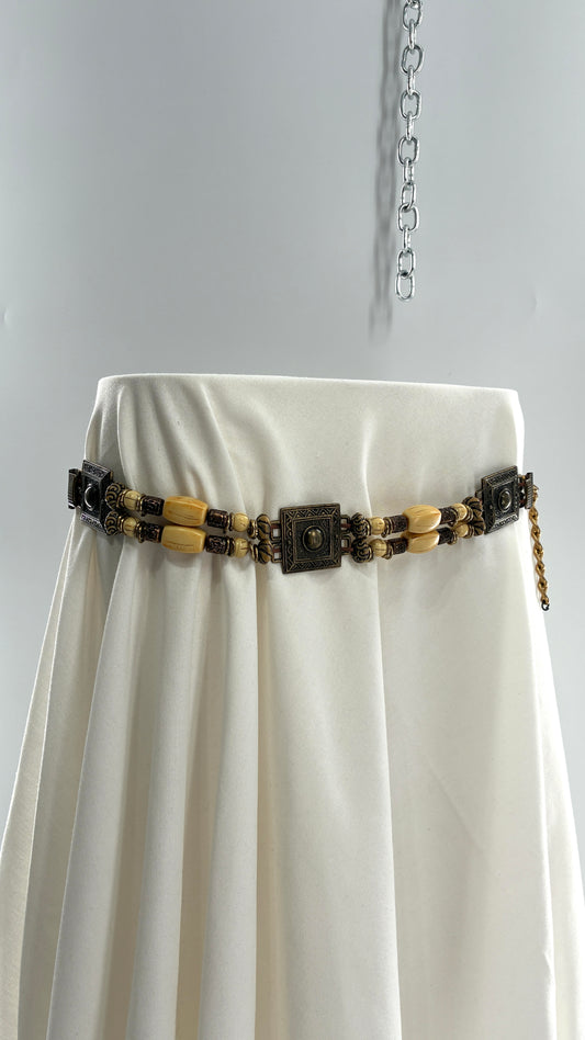 Vintage Beaded Chain Belt with Metal Square Medallions