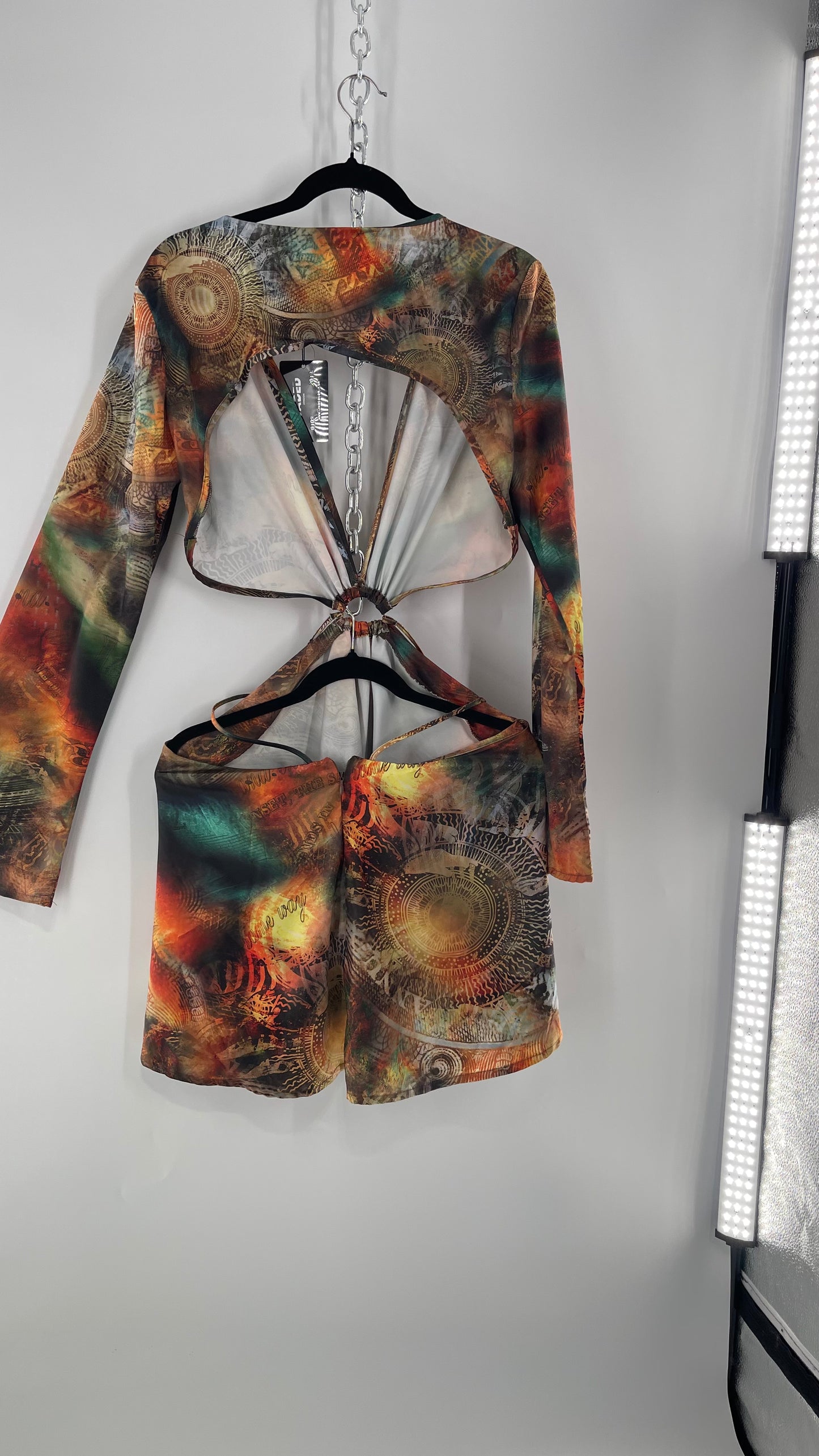 Jaded London Graphic Green, Orange, Yellow Dress with Bell Sleeves, Cut Out Waist and Straps (10)