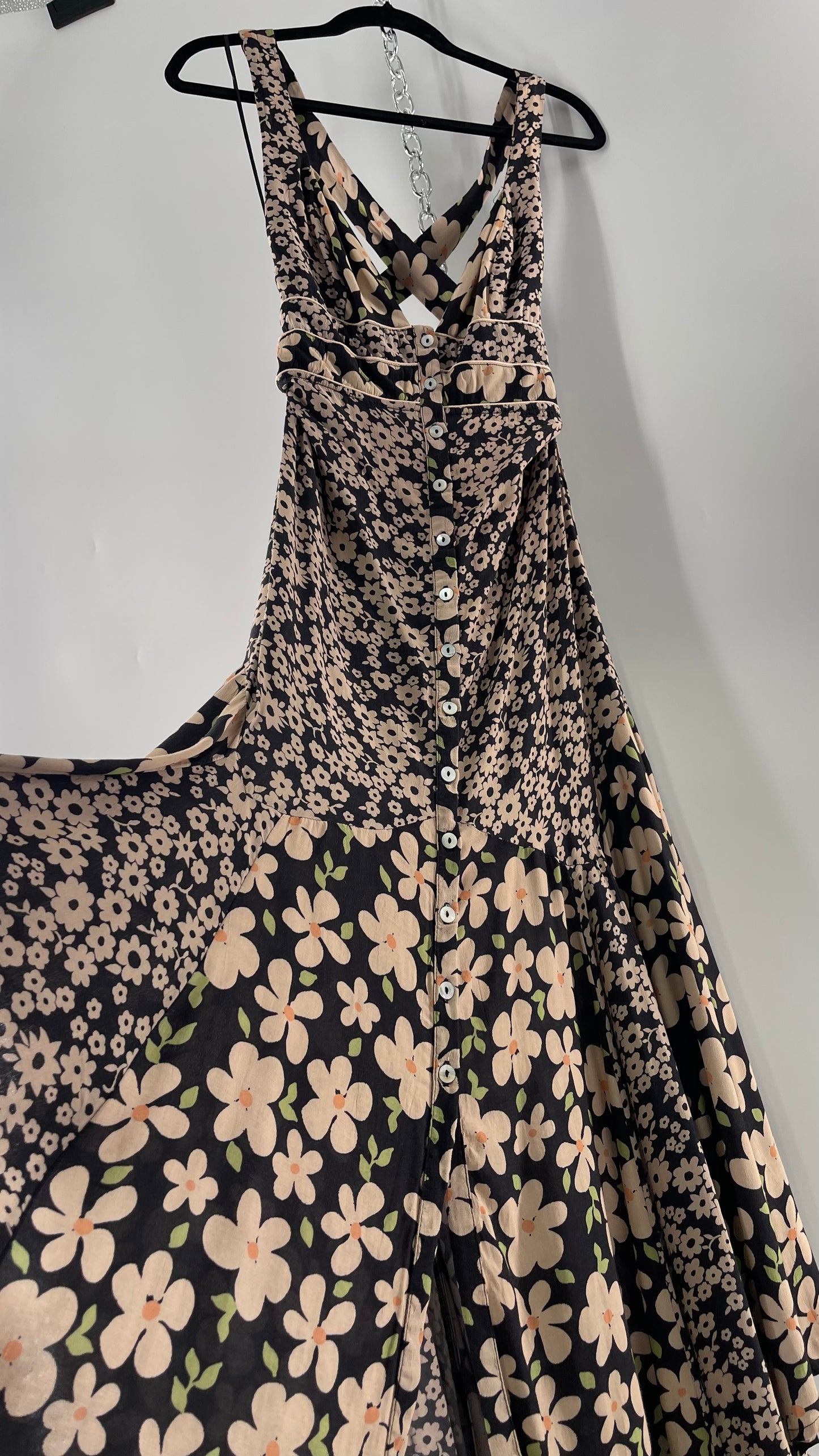 Free People Daisy Mixed Pattern Black/Beige Button Front Full Length Dress (XS)