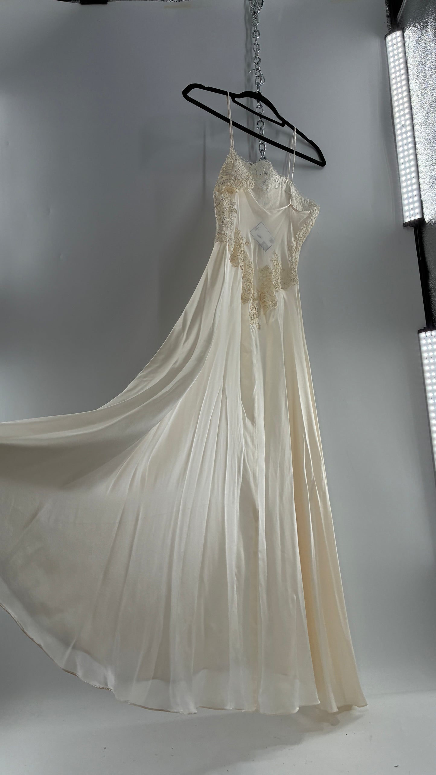 Vintage JONQUIL 100% Silk Gown with Heavy Lace Appliqués and Low Cut Sheer Back (Medium)