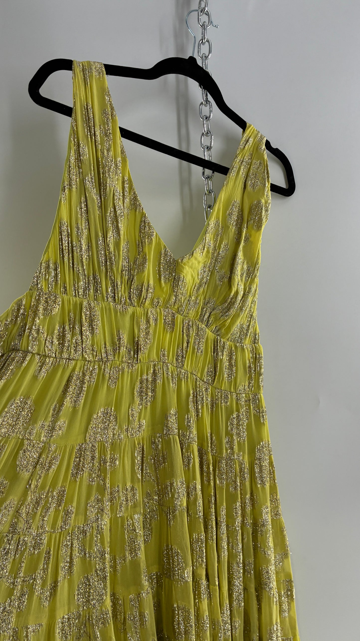 LET ME BE Lime Yellow/Green Ultra Voluminous Tiered Dress with Gold Metallic Jacquard Appliqué Pattern (XL)