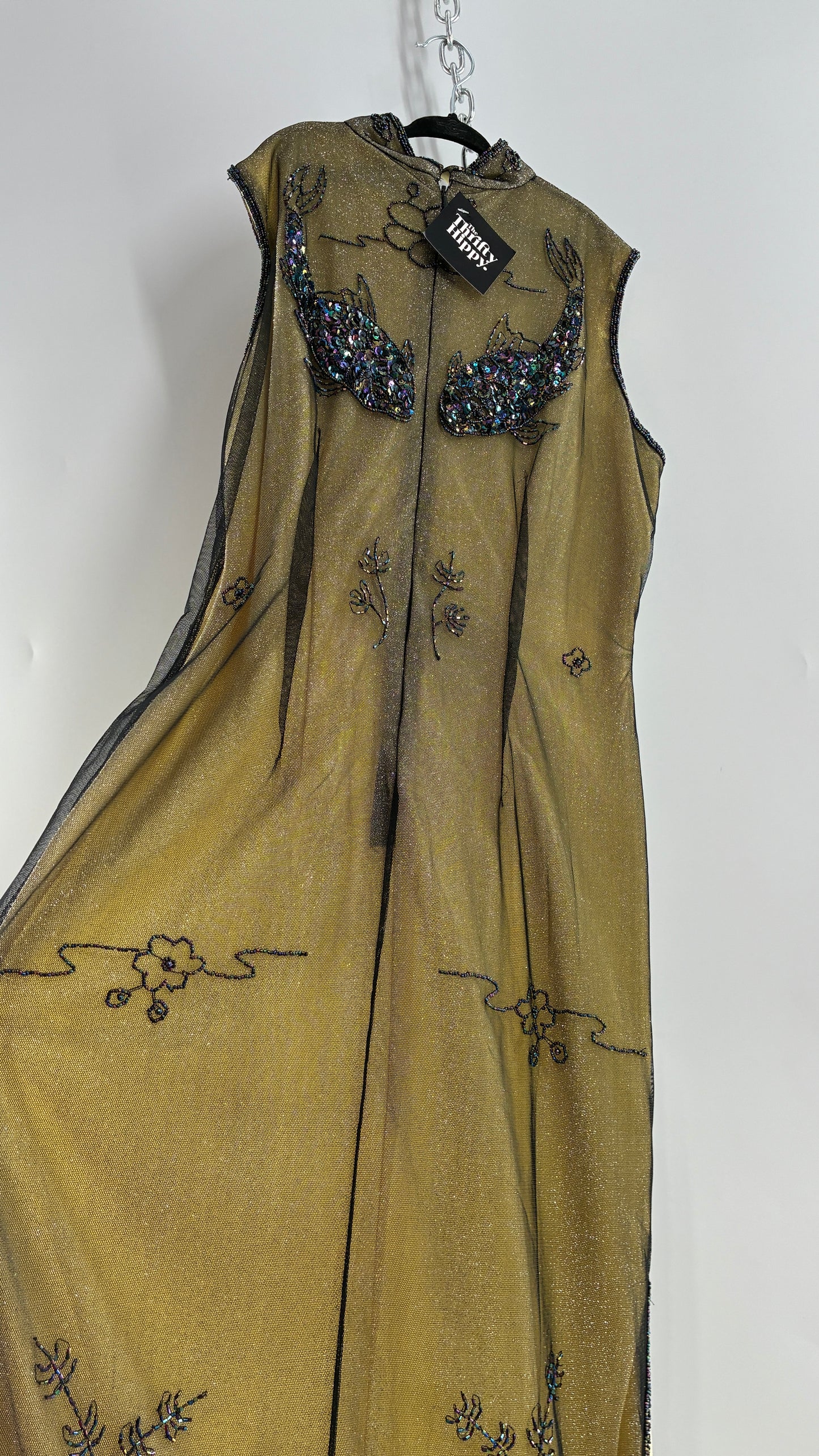 Vintage 1990s One of a Kind Handmade, Green Gown with Beaded Koi Fish, Metallic Tulle Overlay, and Symmetric Back (Medium)