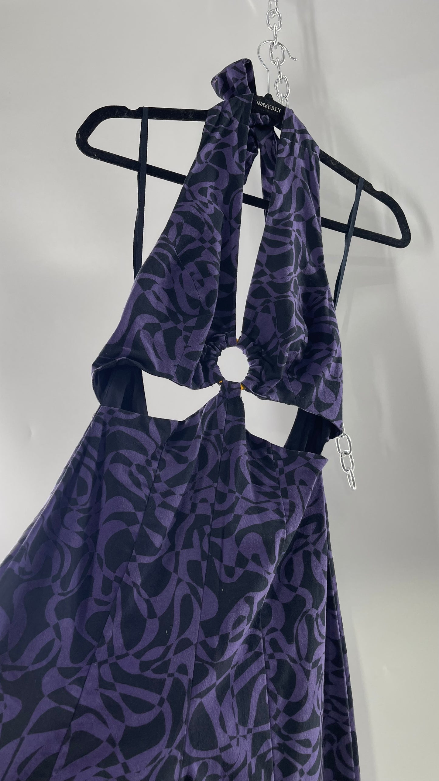 Free People Kira Retro Black and Purple Wide Leg Halter Jumpsuit with Tortoise Bust Loop (XS)