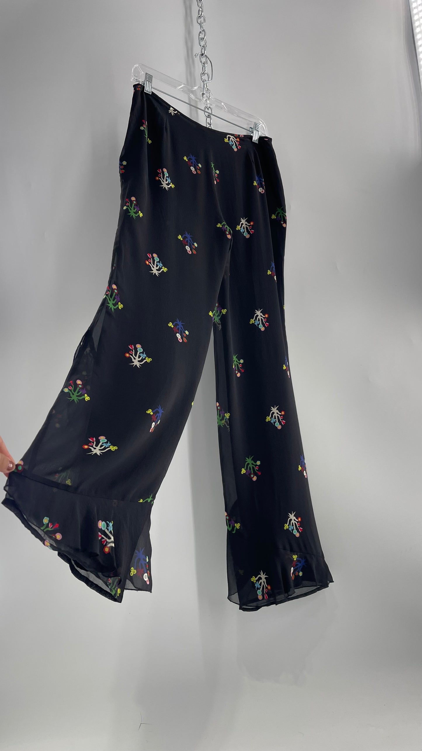 Cynthia Rowley Black Flared Pants with Colorful Abstract Florals, Dual Lining and Ruffle Trim (4)