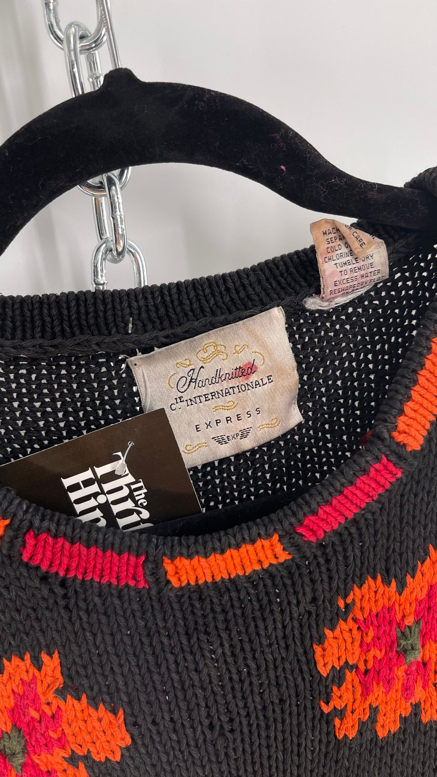 Vintage EXPRESS Black Hand Knit Sweater with Orange and Fuchsia Contrasting Florals (One Size)