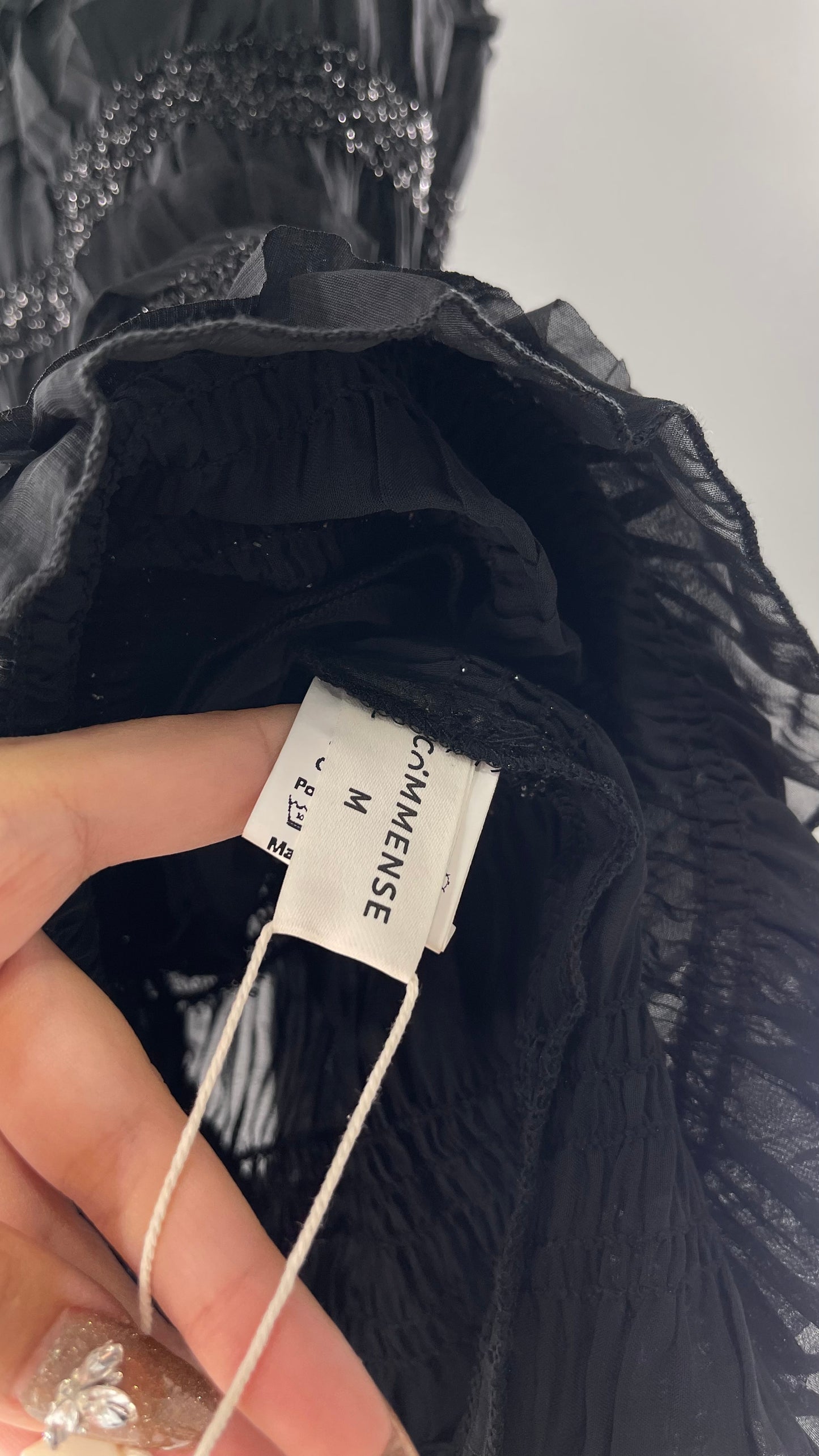 The Commense Black Sheer Crimped Midi Dress with Stripes of Tinsel and Ruffle with Tags Attached (Medium)
