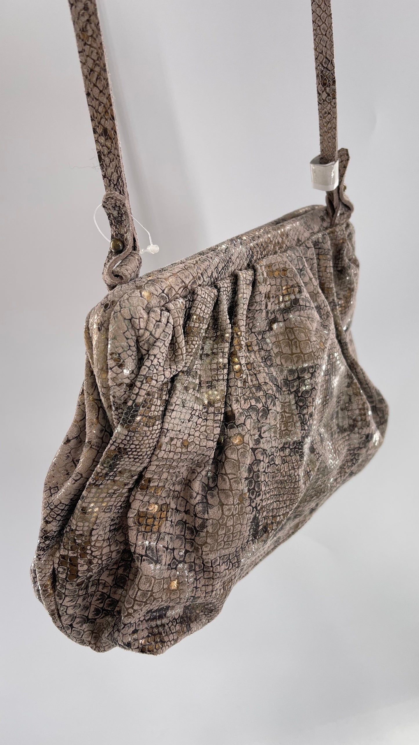 Free People Genuine Leather Clutch and Shoulder Bag Snake Print with Reflective Silver and Gold Flecks