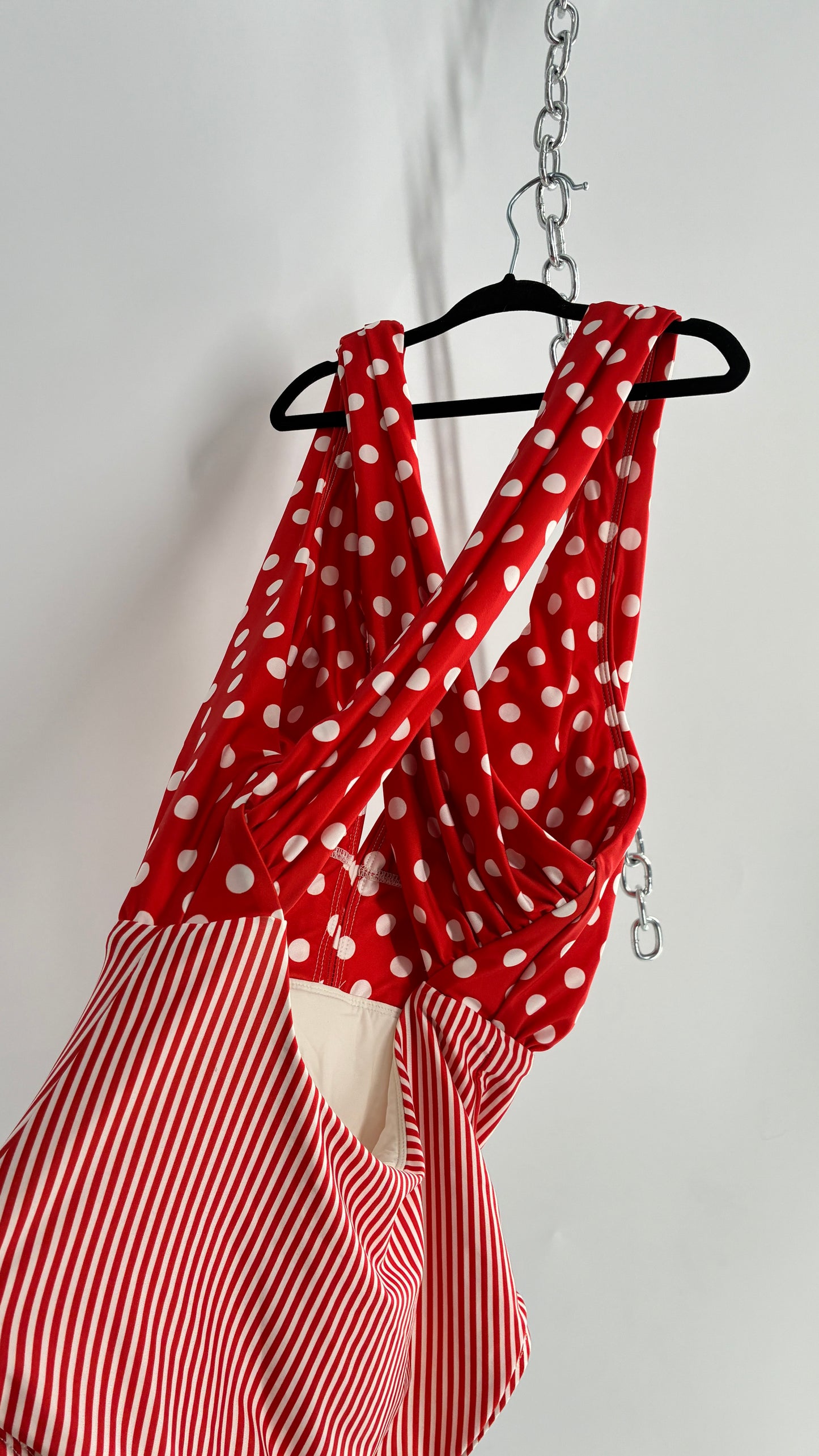 ALLIHOP Anthropologie Red and White Retro Thick Striped and Polka Dotted Bikini with Open Criss Cross Back (Small)