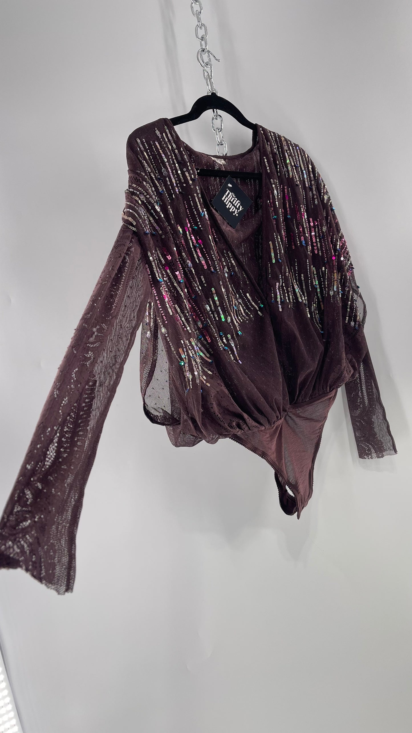 Intimately Free People Plum Mesh Bodysuit with Lace Sleeves and Beaded/Sequined/Embellished Body (Medium)