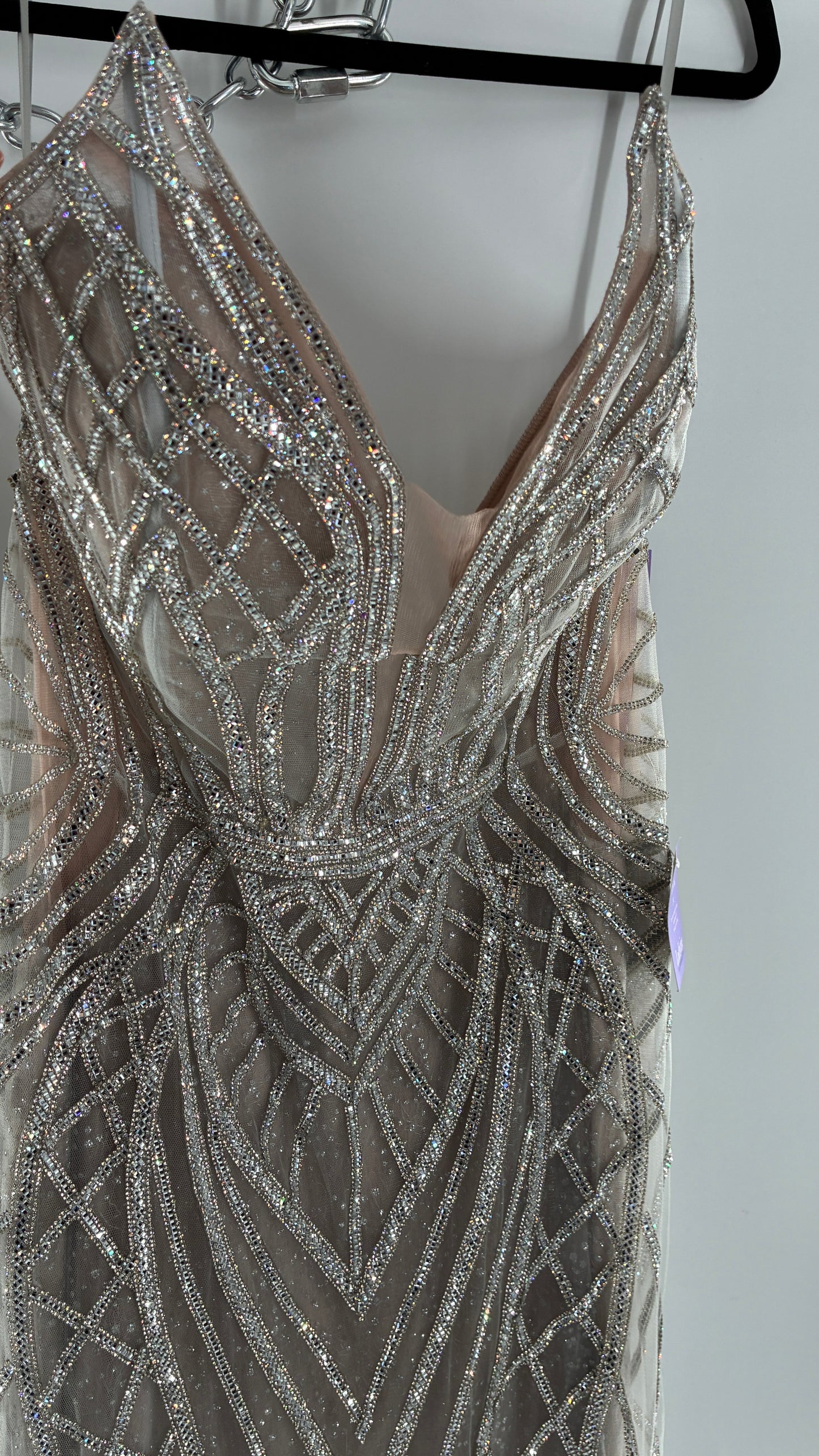 NWT LADIVINE by Cinderella Divine Silver Nude CC6018 Mermaid Corseted Gown with Multiple Layers of Tulle, Covered in Crystal Strips (16)