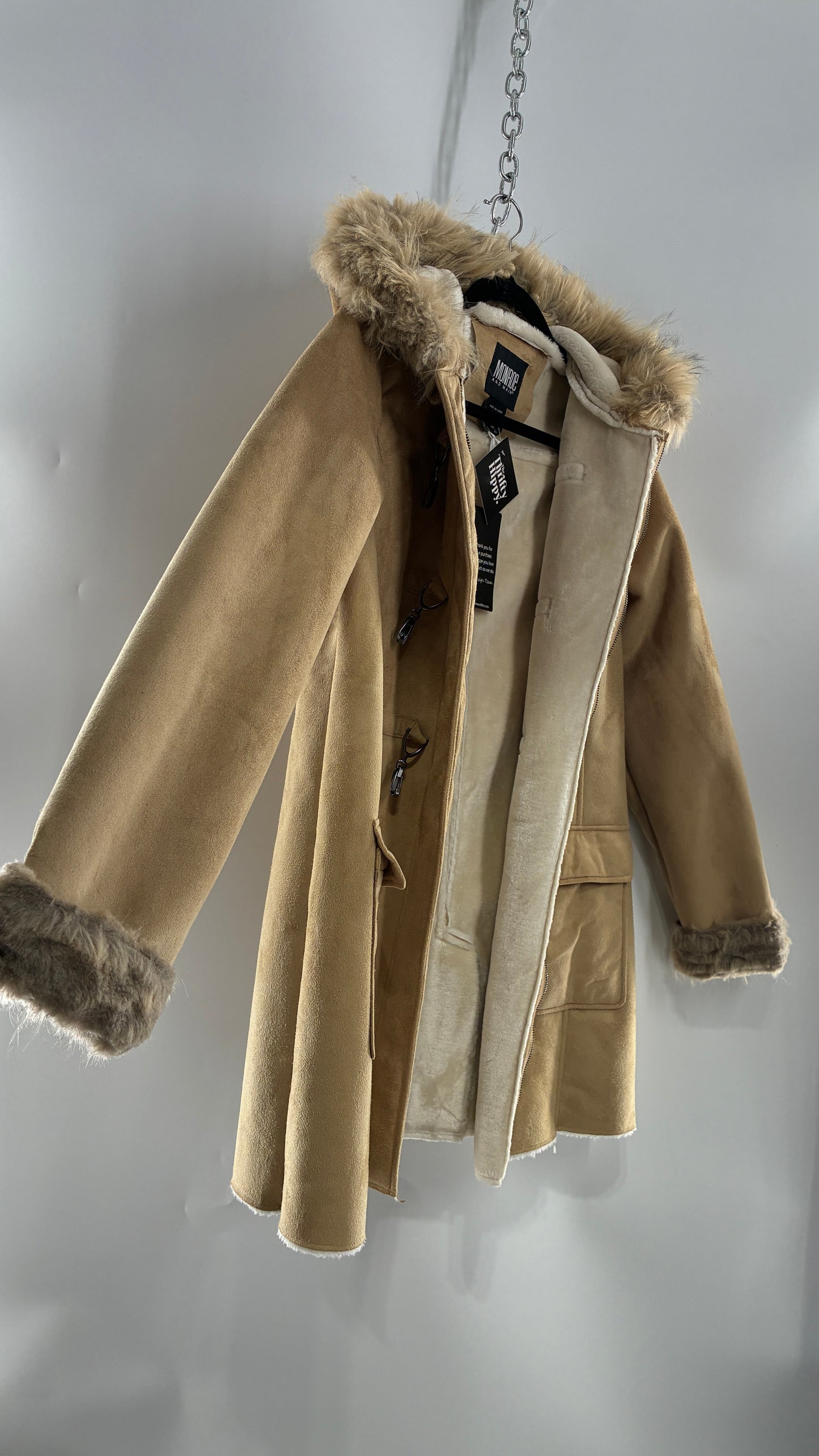 Deadstock Vintage MONROE AND MAIN Vegan Suede Coat with Fur Cuffs and Hood, Tags Attached (Medium)