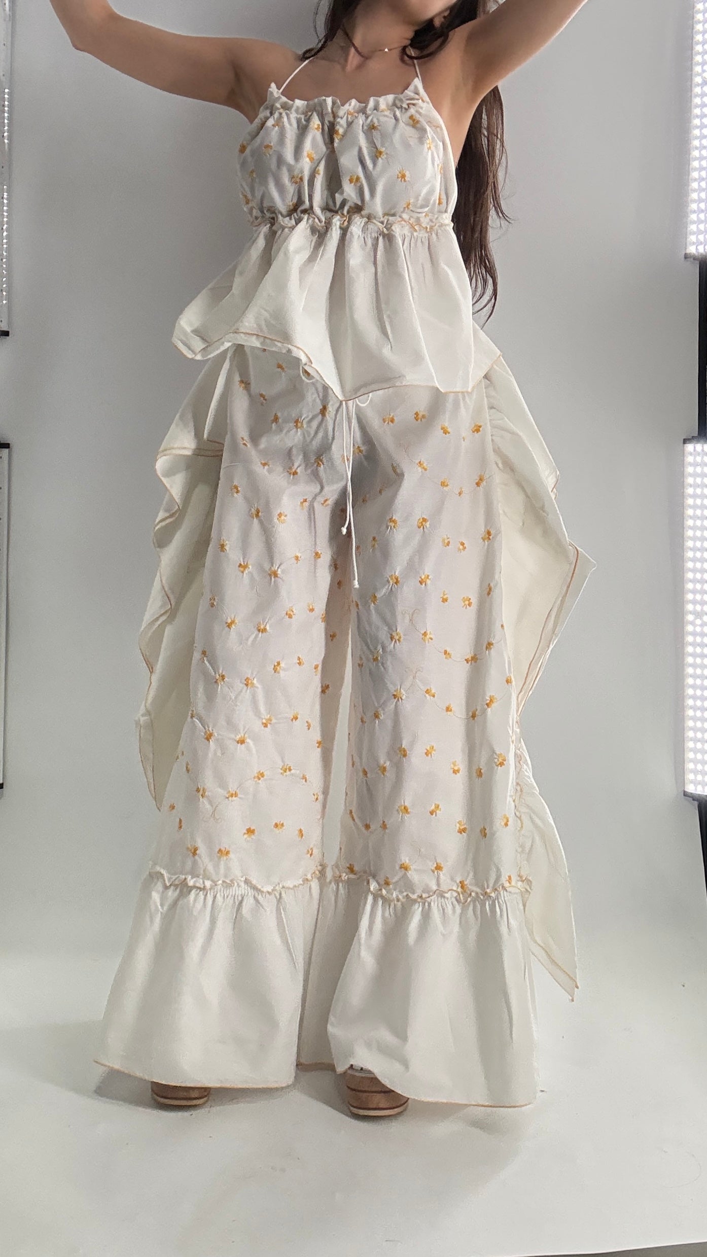 Vintage Handmade Angeline 2pc Set with Ruffled Pant, Embroidered Daisy Pattern, and Bustier Camisole with Adjustable Drawstring Bustline and Waistline (XS-L)