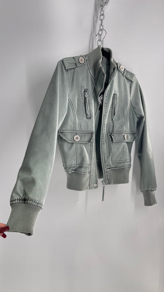 Vintage C. Māļøgic Teal Distressed Aesthetic Vegan Leather Bomber (Small)
