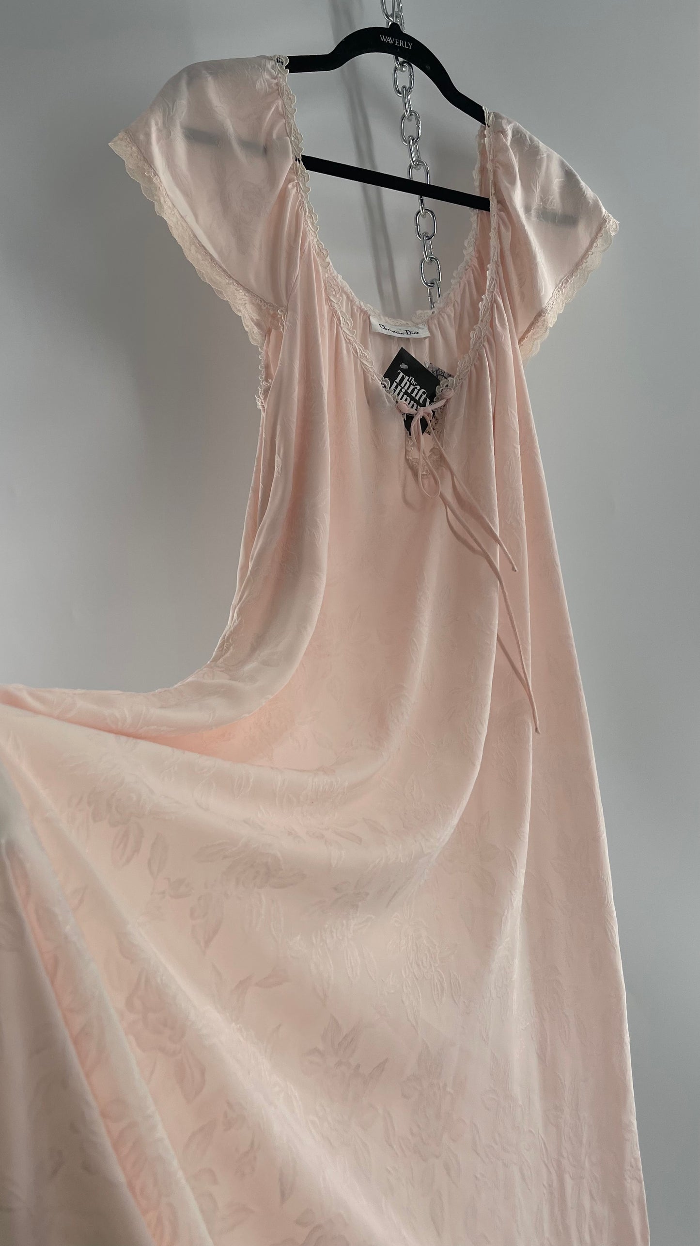 Vintage Christian Dior Pink Night Gown/ Maxi Dress with Floral Embossed Design, Lace Trim and Rosettes (Large)