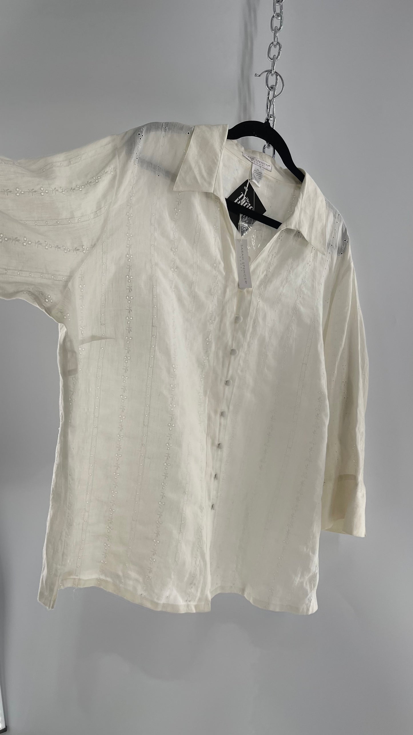 Sarah Spencer Off White 100% Embroidered Linen Blouse with Tags Attached (3X)