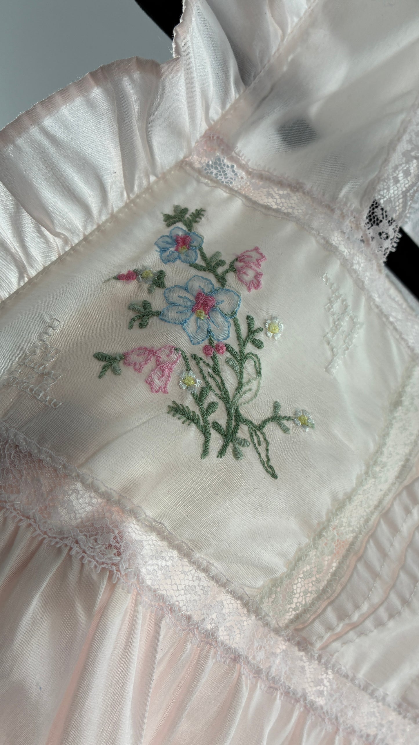 Vintage Barbarie Baby Pink Nightgown Style Dress with Embroidered Florals and Ruffled Straps
