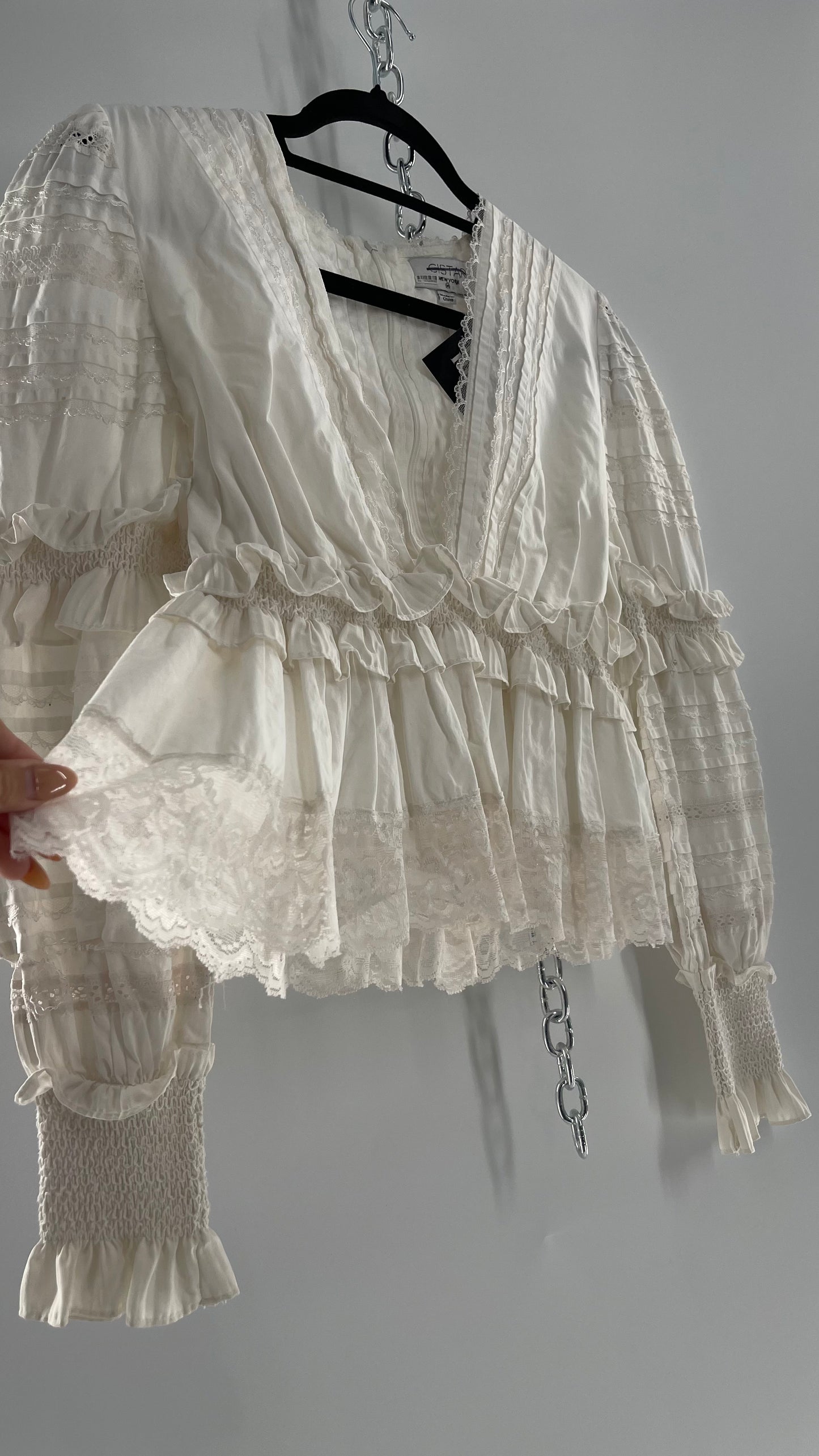 CISTAR NEW YORK White Balloon Sleeve Blouse Adorned in Delicate Ruffled and Lace (Medium)