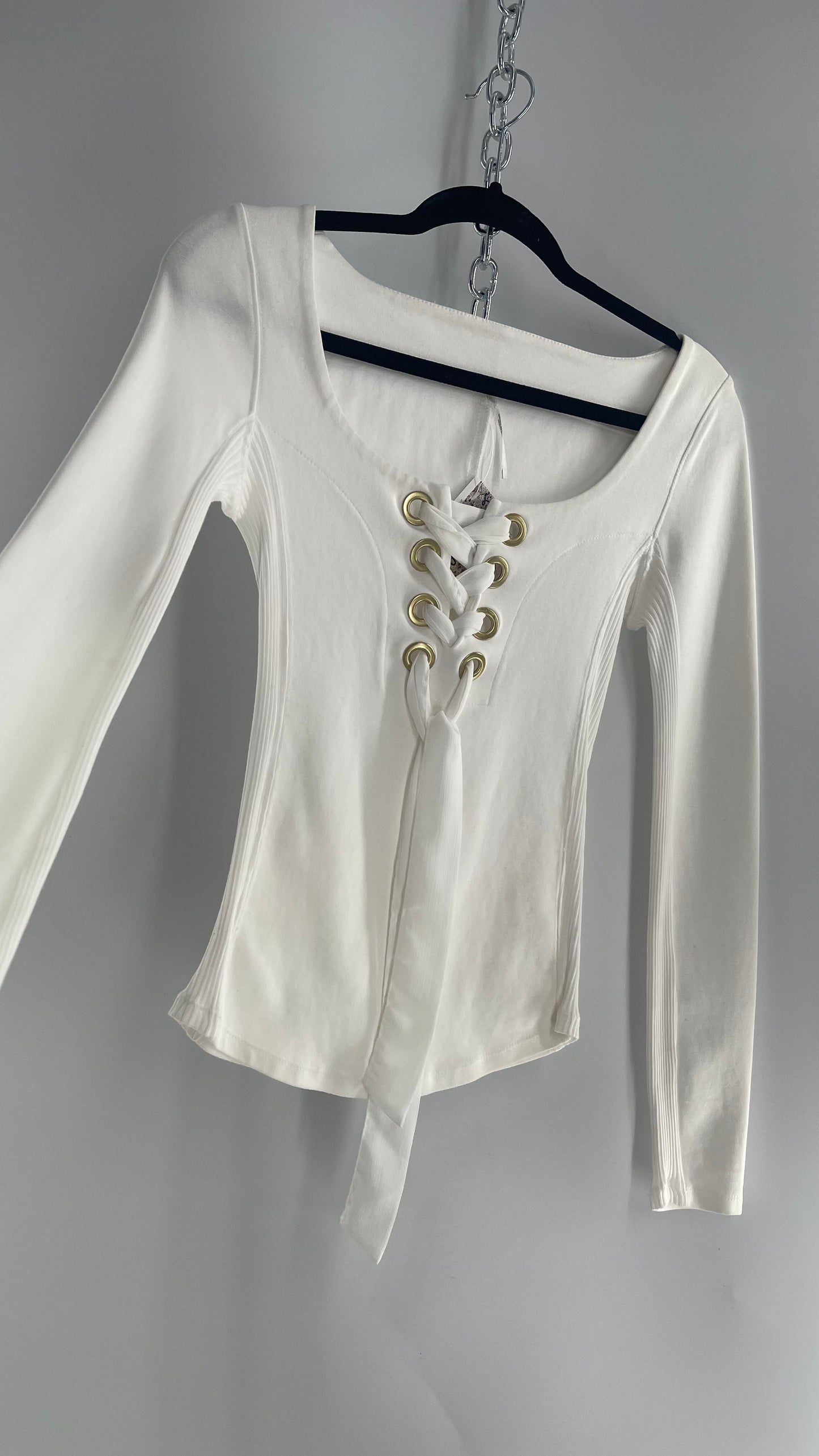 Free People White Lace Up Long Sleeve with Gold Grommets (XS)