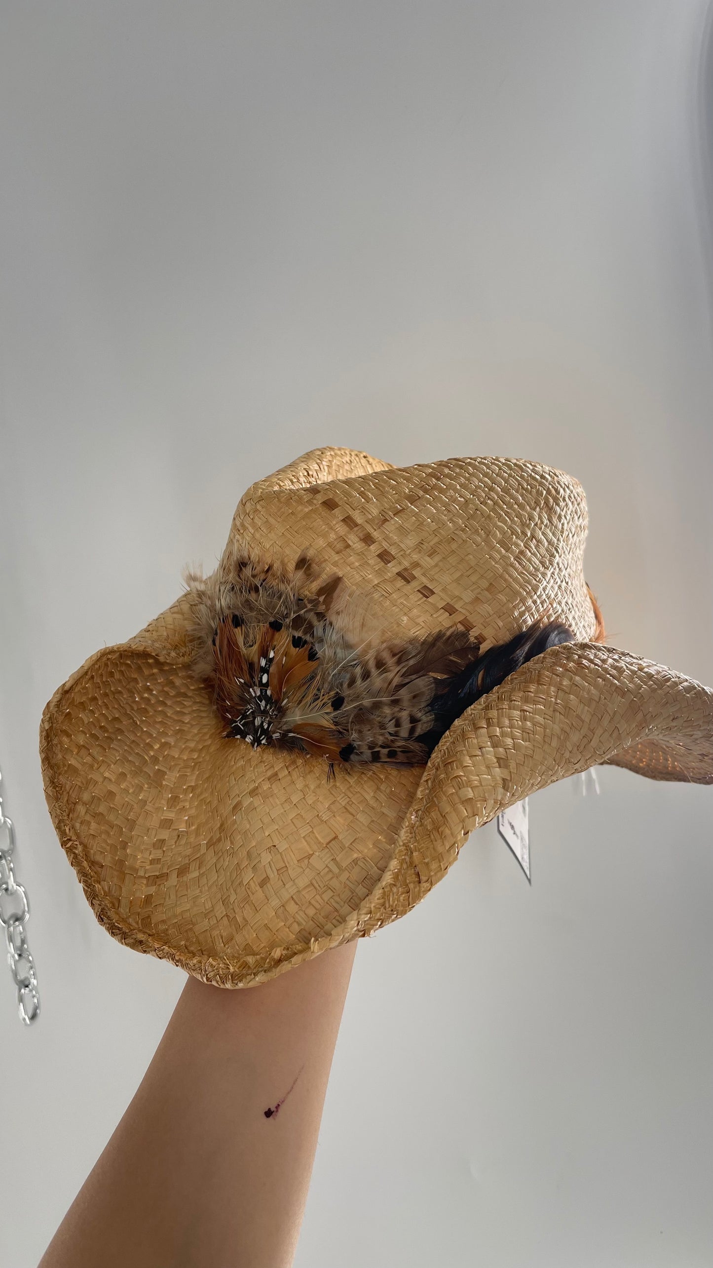 Vintage Straw Hat with Feather Band