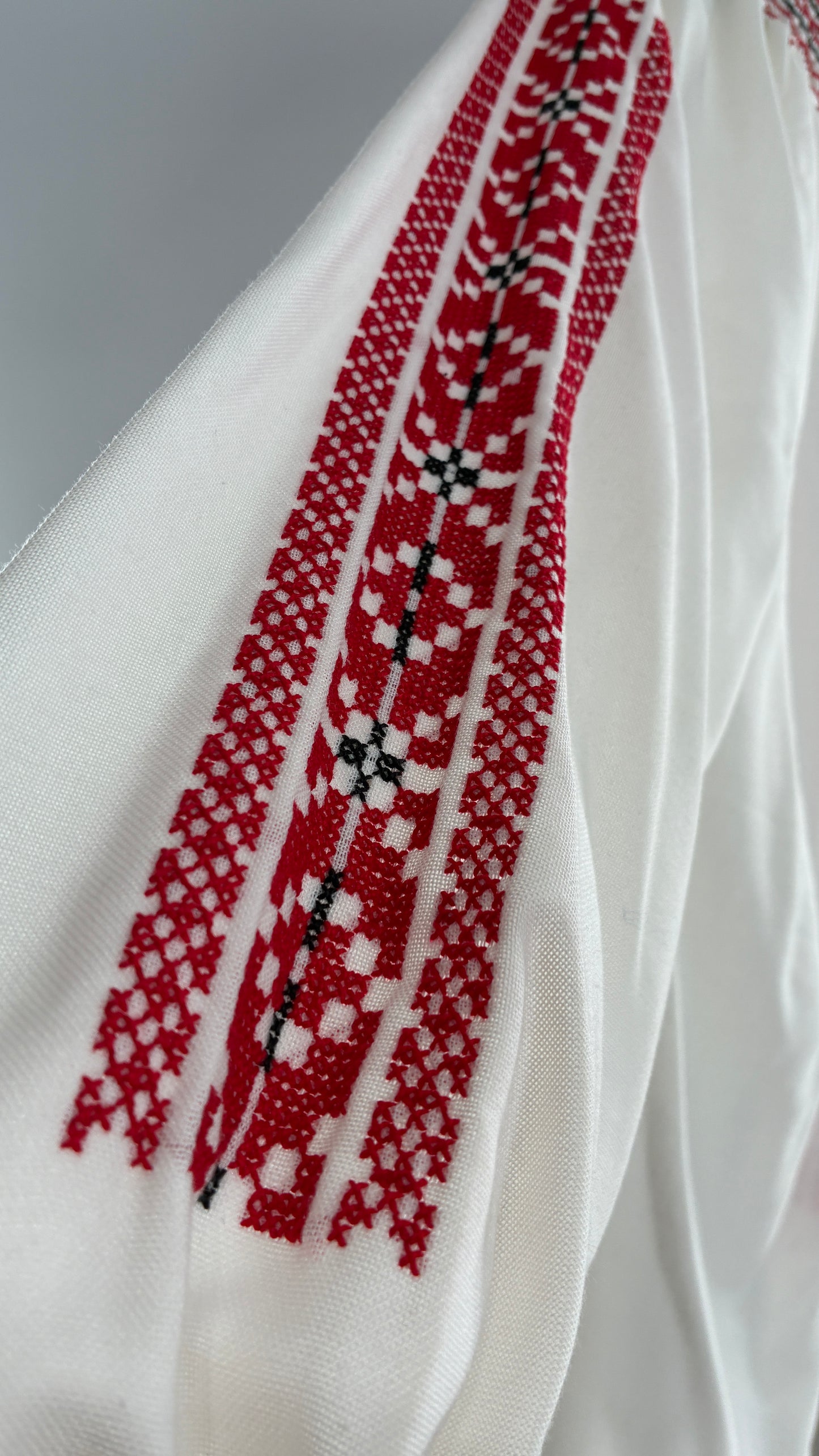 Vintage 1970s LUX FOLKLOR Budapest Handmade Cotton Long Sleeve and Skirt Covered in Red Embroidery and Stitching