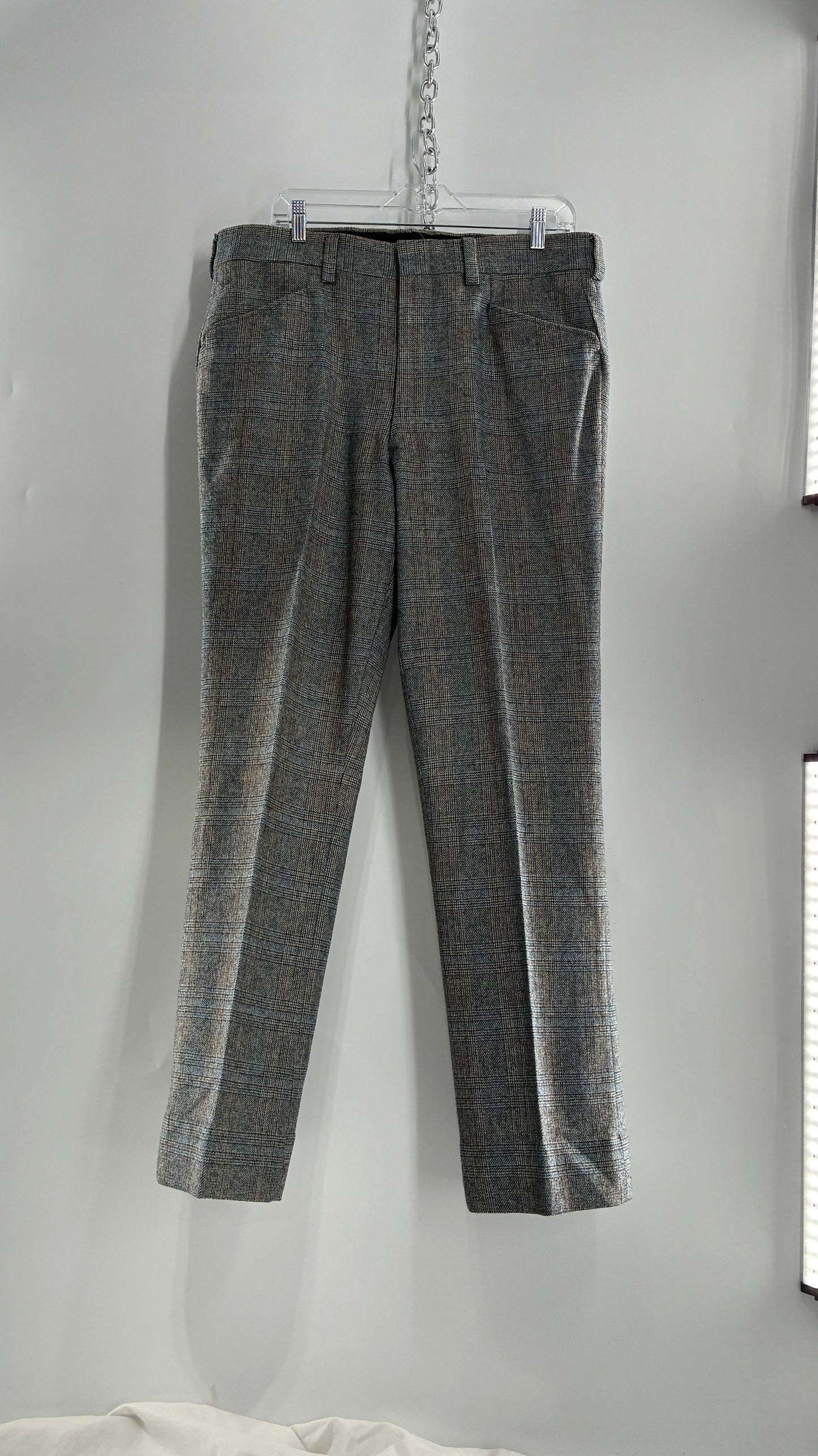 Vintage Handmade Wool Blend Woven Men’s Tailored Trousers with Grey Blue Plaid Pattern (35x32)