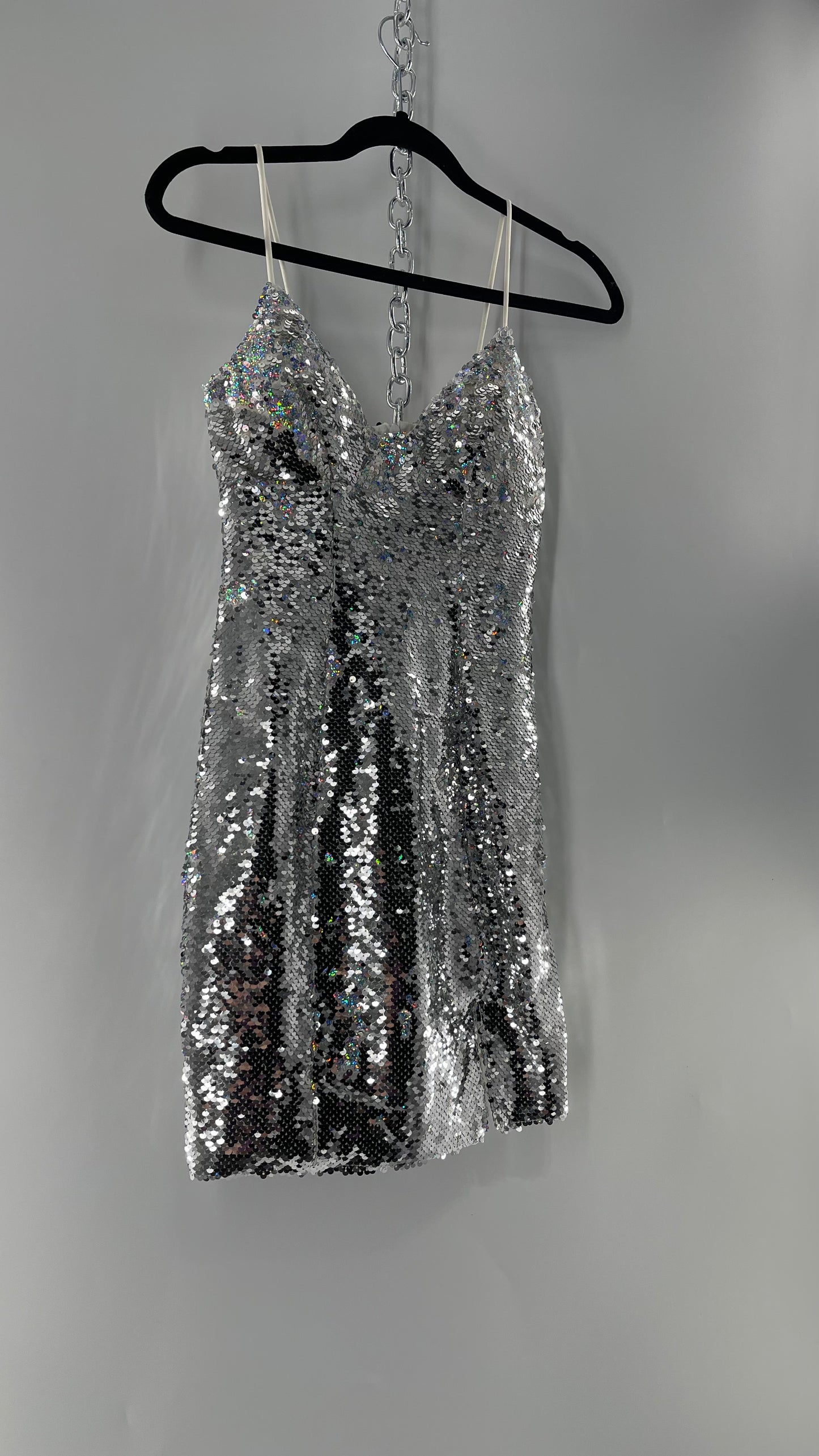 Princess Polly Silver Iridescent Sequin Mini Dress with Triangle Cups and Thigh Slit (0)