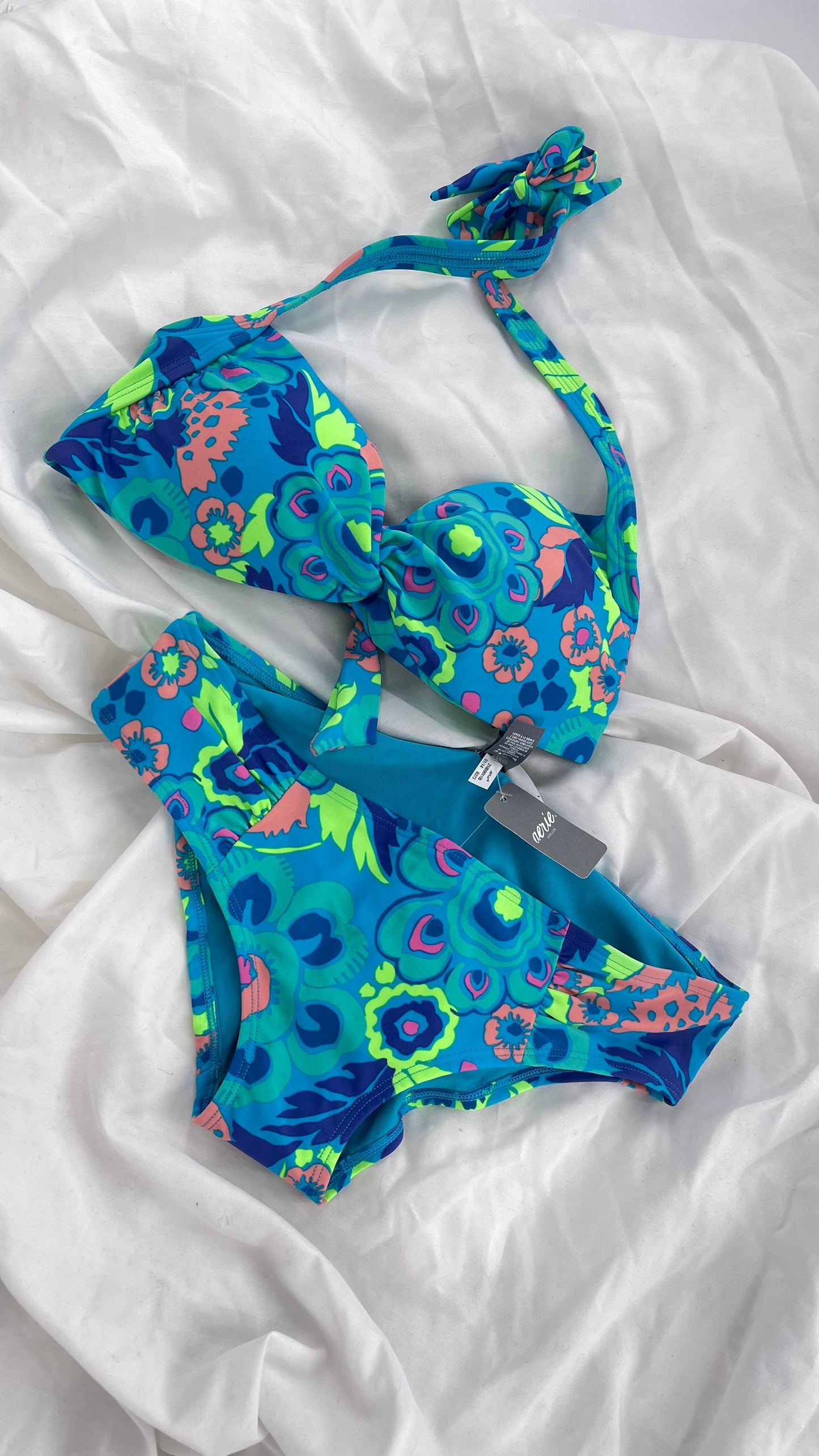 AERIE Blue Paisley Swim Set with Tags Attached (M Top S Bottoms)