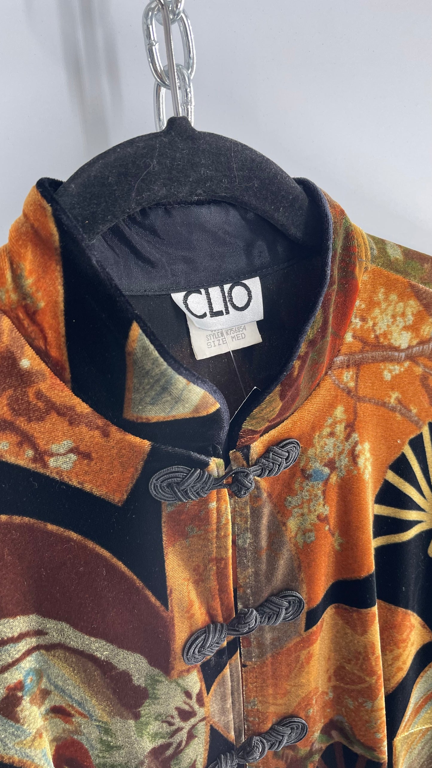 Vintage CLIO 1990s Black Velvet/Velour Fan Patterned Duster Coat (Medium)