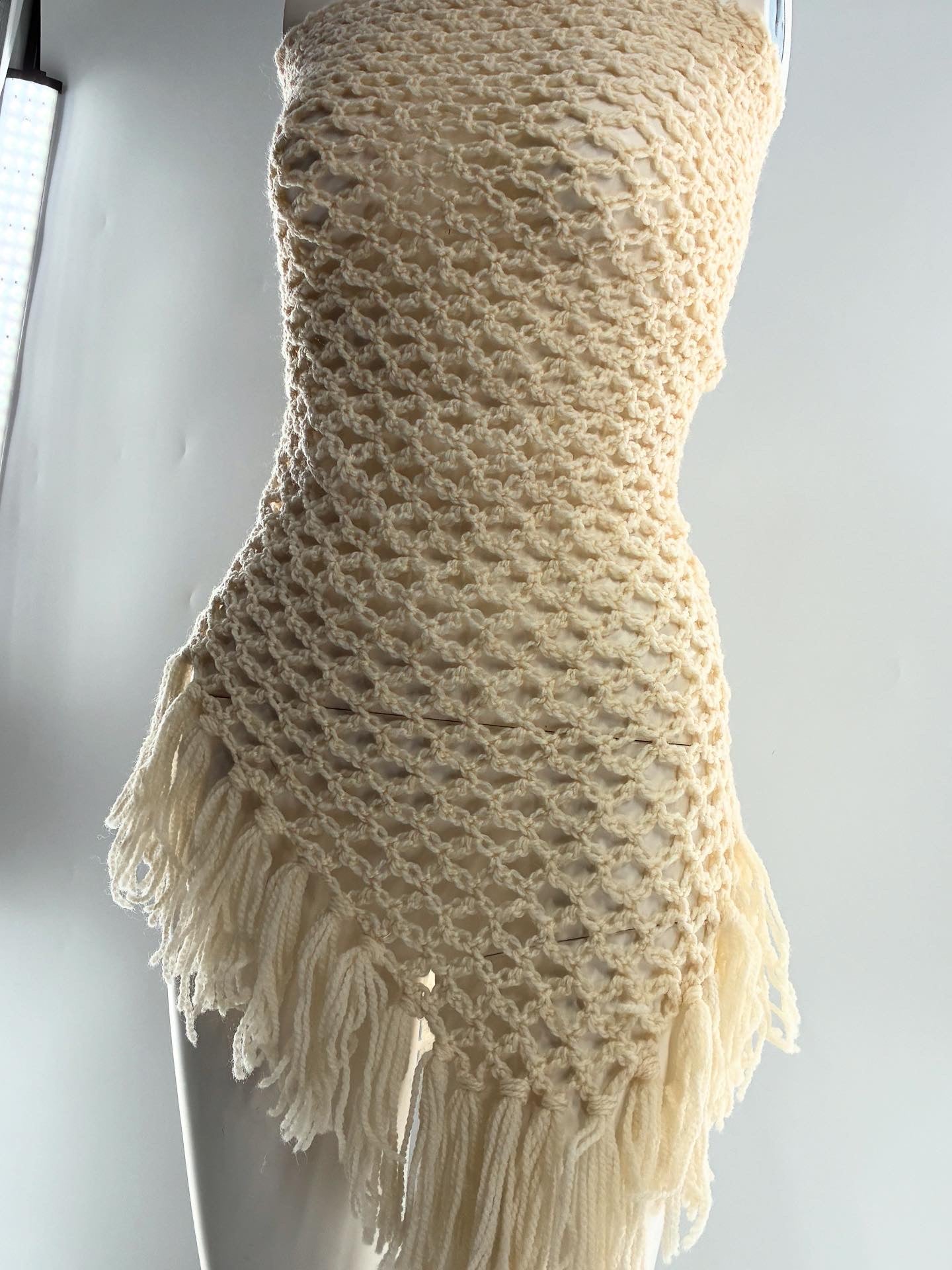 Vintage Off White Fish Net Scarf with Tasseled Ends