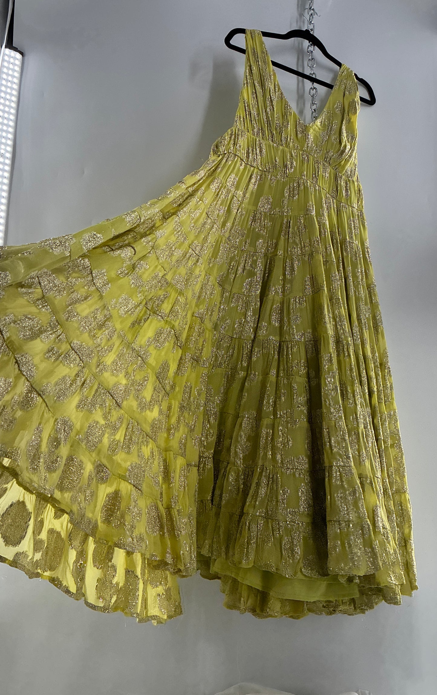 LET ME BE Lime Yellow/Green Ultra Voluminous Tiered Dress with Gold Metallic Jacquard Appliqué Pattern (XL)