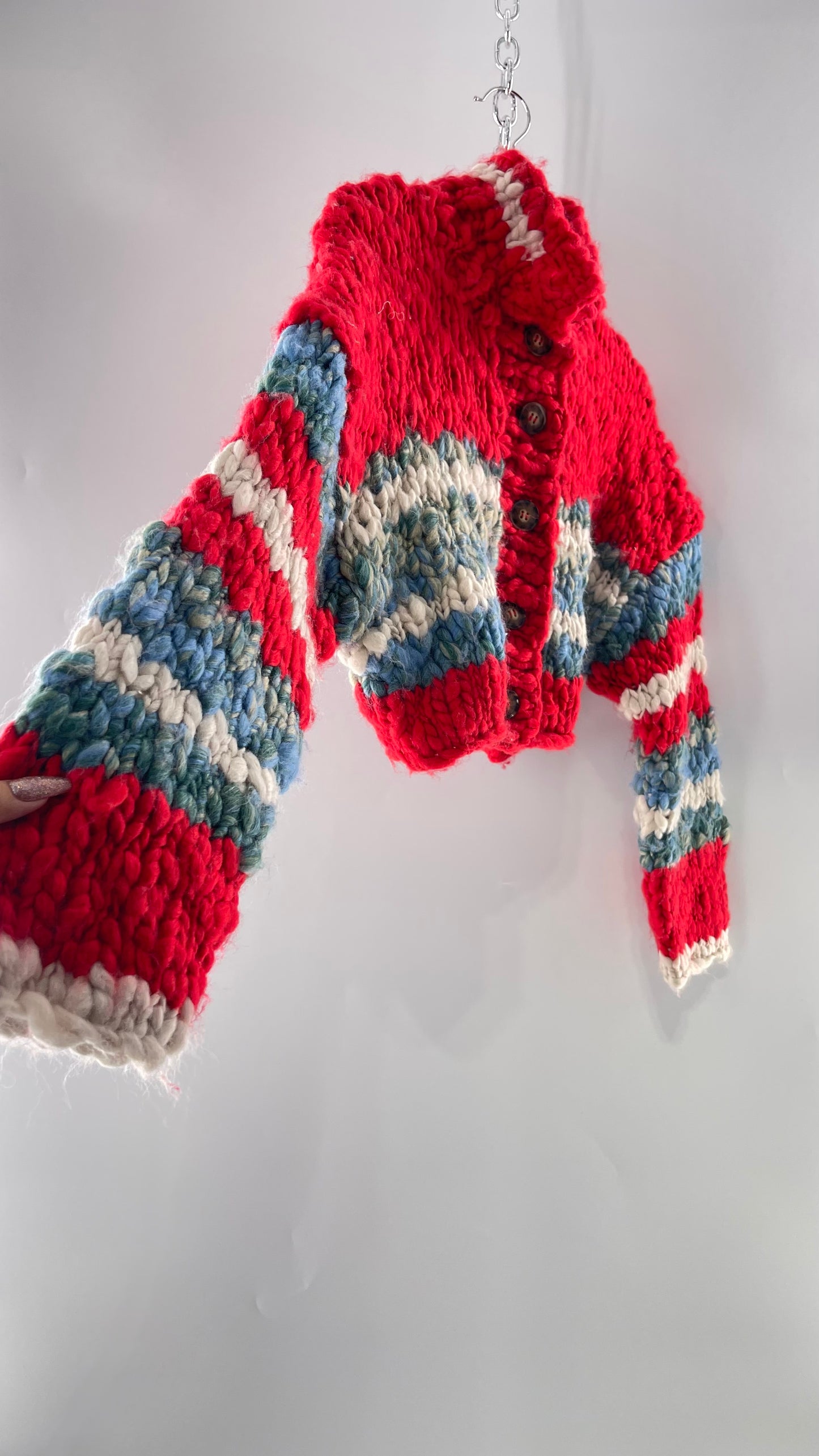 BDG Urban Outfitters Thick Knit Red White Blue Chunky Cropped Striped Cardigan (XS)
