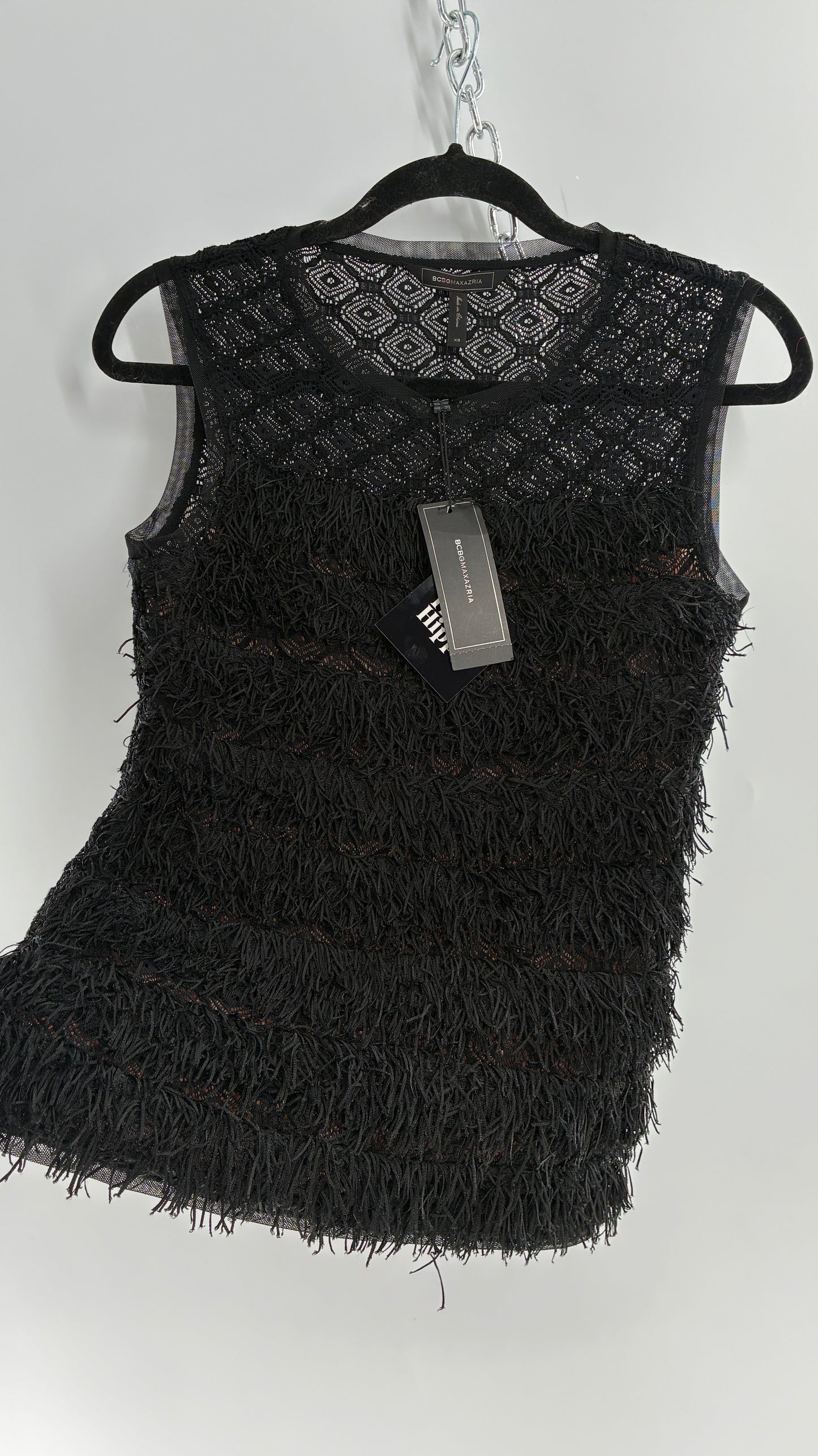 Deadstock Vintage BCBG MAXAZRIA Auden Black Fringe And Lace Top (XS)