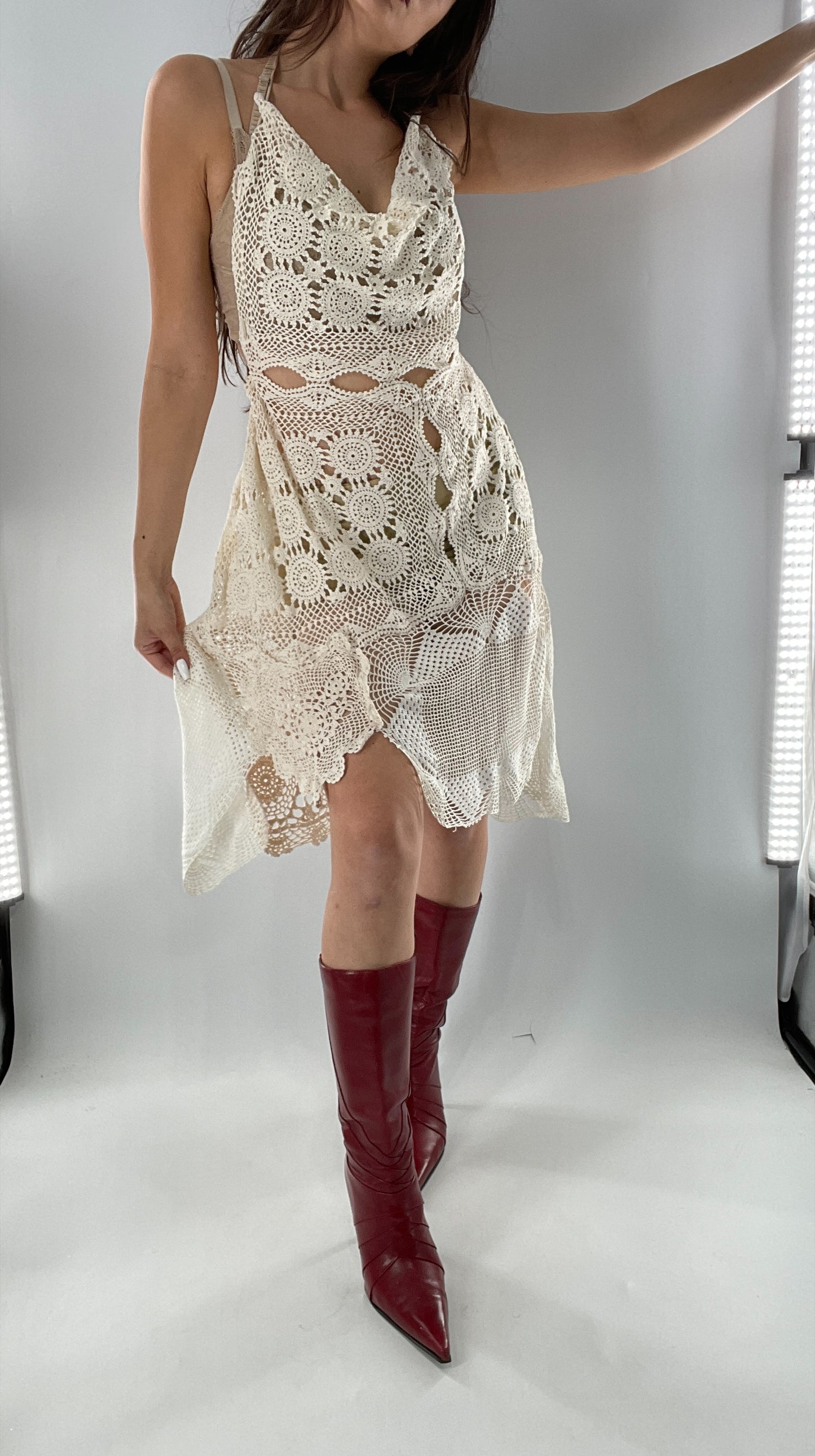 Vintage Handmade Crochet Cottage Adjustable Dress with Open, Low Back (One Size)