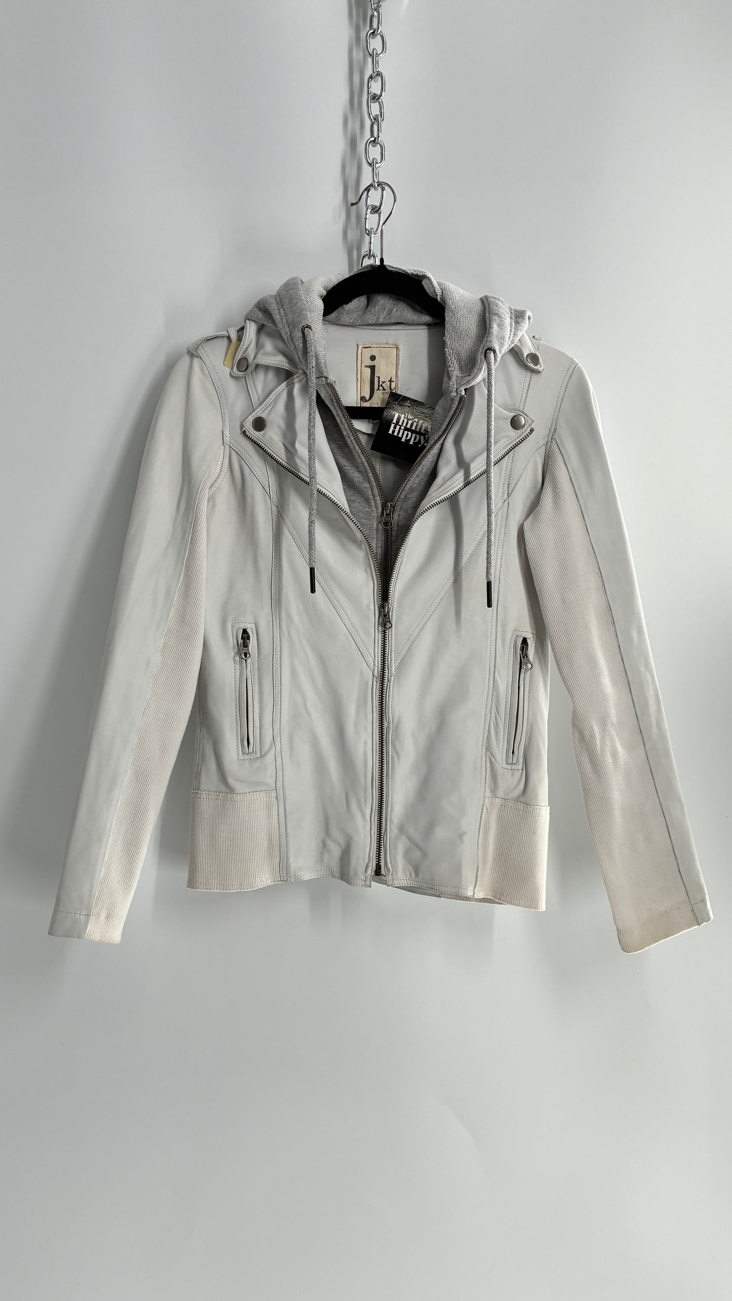 Jakett White Molly Burnished White Genuine Leather Double Layer Moto Jacket with Removable Grey Hoodie Insert (XS)