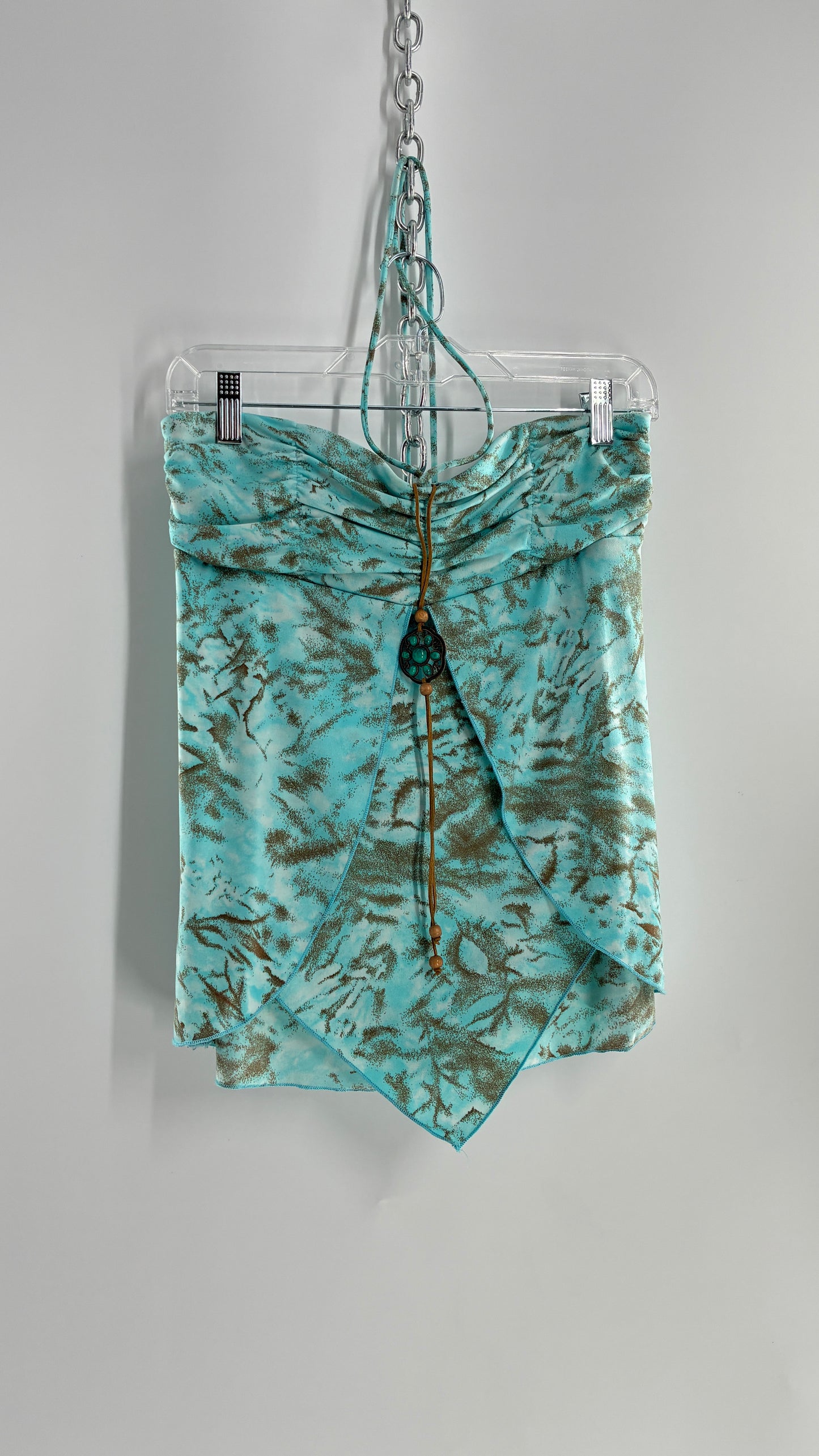 Vintage VENUS Turquoise Handkerchief Hem, Vented Tube Top with Stone Buckle and Choker Detail (M)