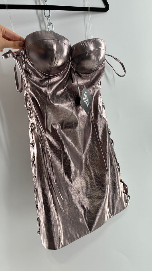 Fashion Nova Vegan Leather Metallic Gun Powder, Lace Up Side Mini with Built in Cups (XS)