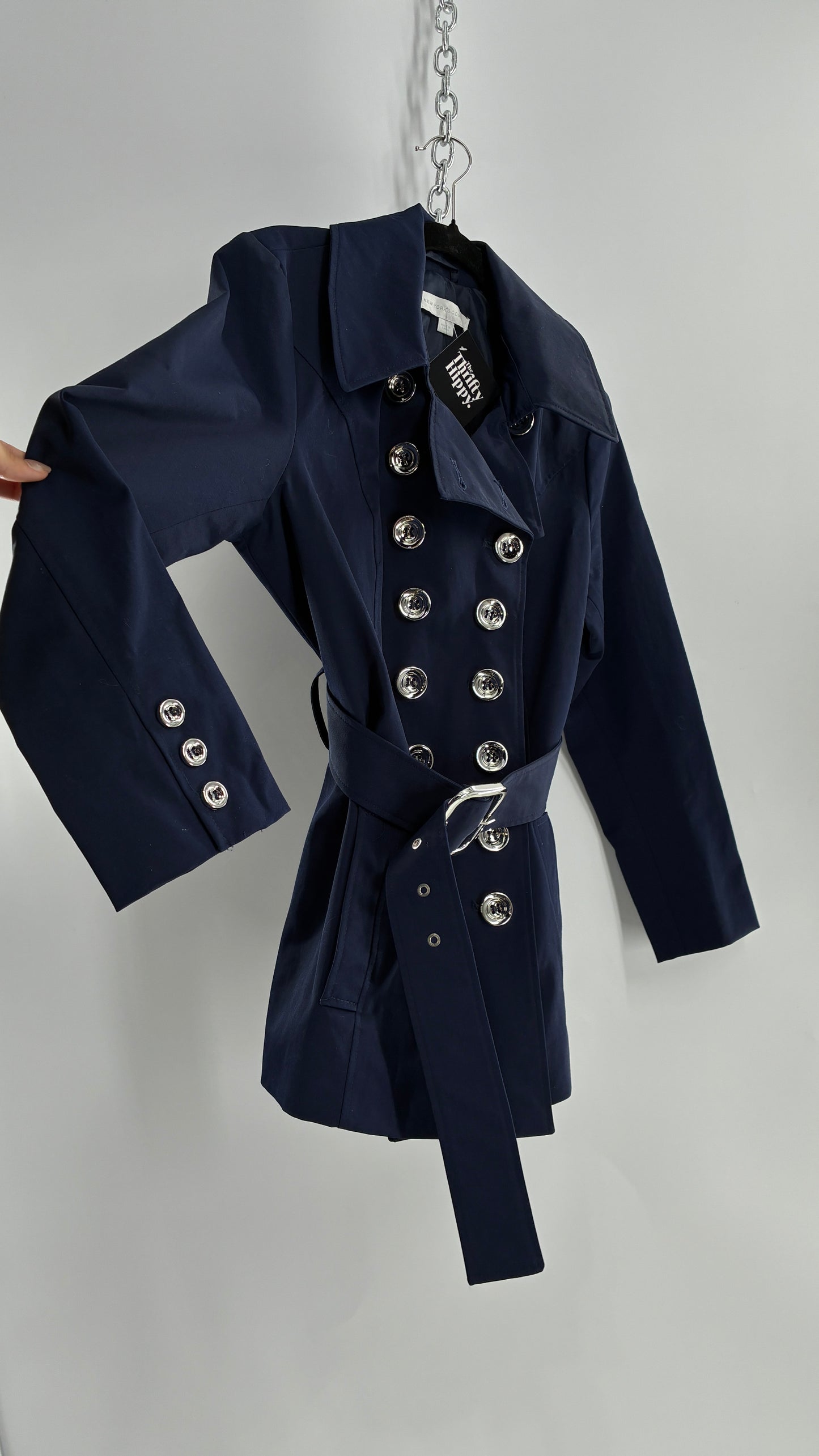 New York & Company Deep Navy Coat with Double Breasted Silver Buttons and Oversized Silver Buckle (Large)
