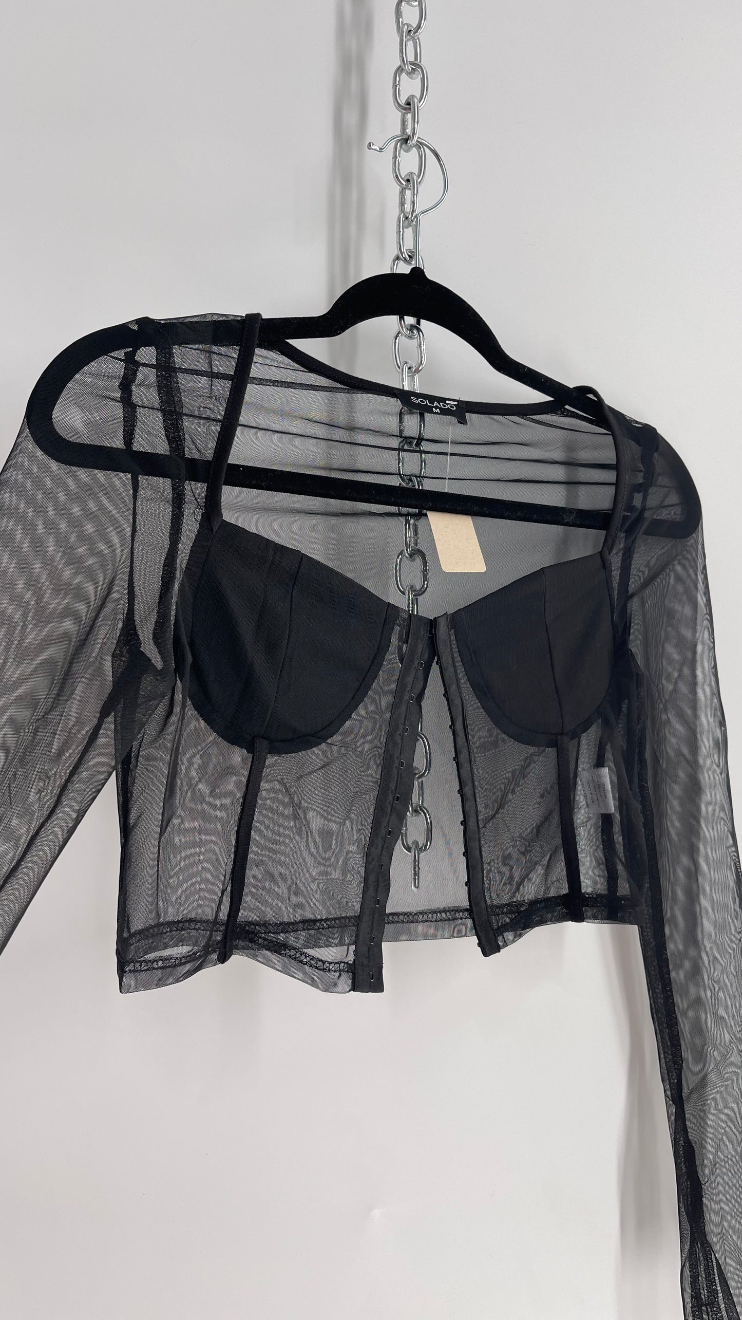 SOLADO Black Mesh Contrast Stitch Eyelet Closure Long Sleeve (Medium)