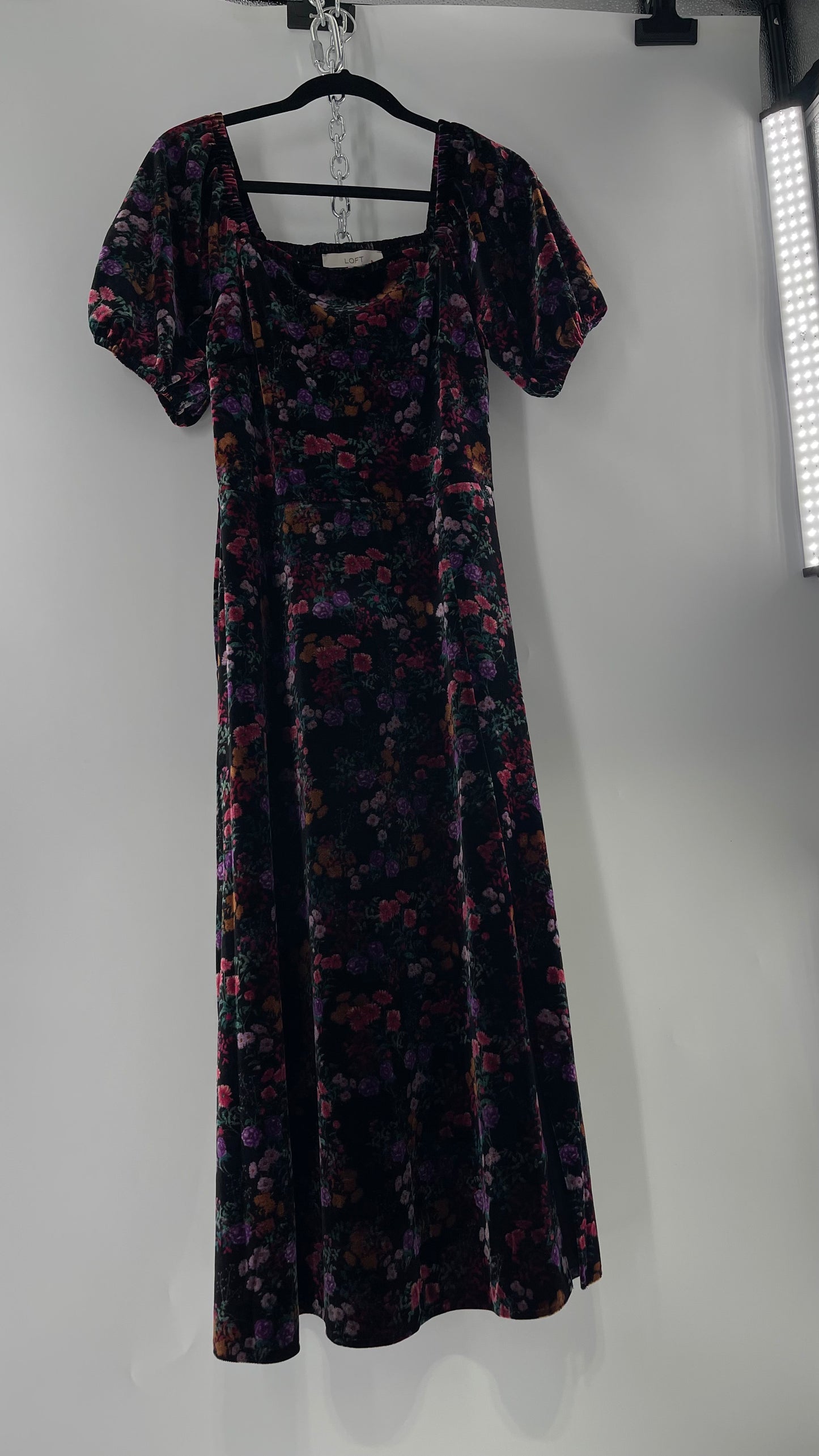 LOFT Velvet Dark Floral Full Length Dress with Puff Sleeves and Smocked Back with Tags Attached (8)